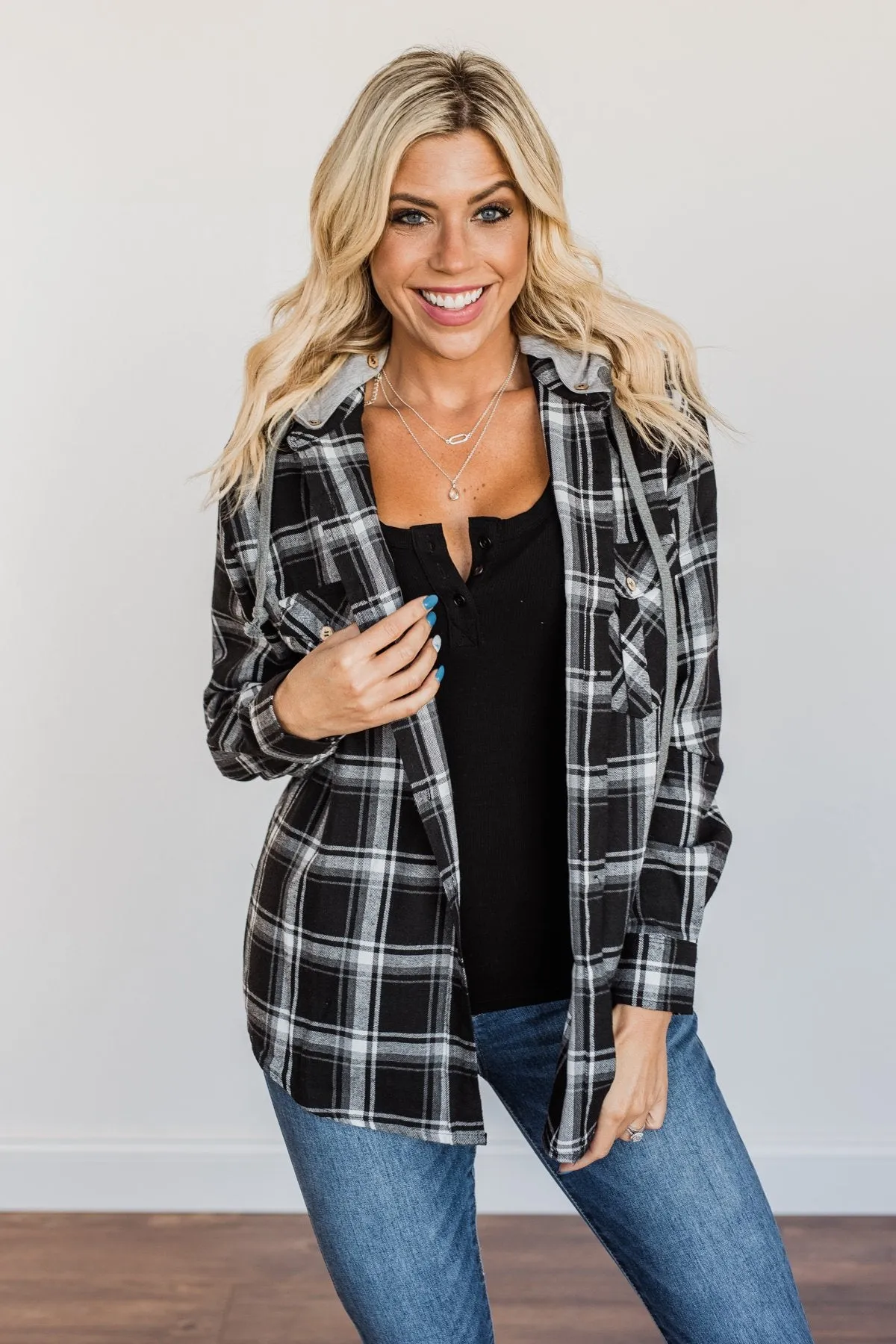 Nights By The Fire Hooded Plaid Top- Black