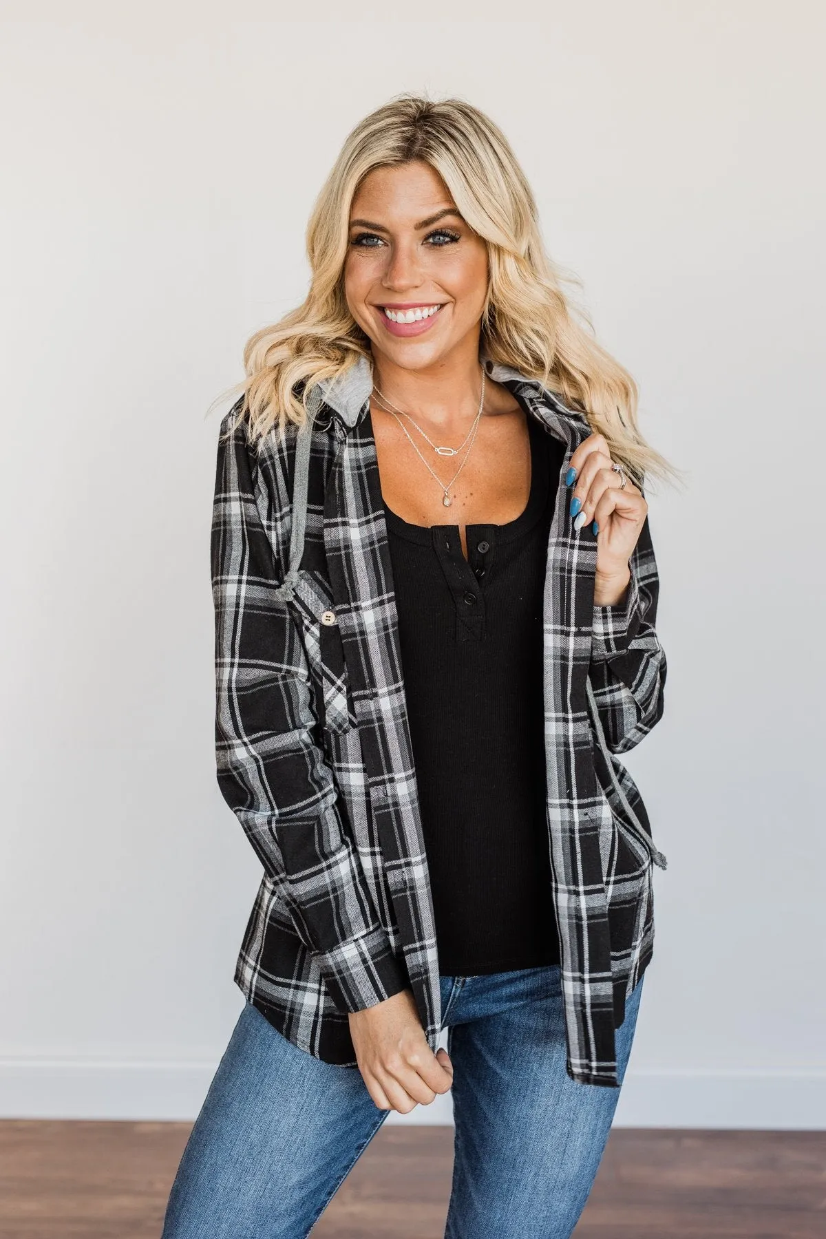 Nights By The Fire Hooded Plaid Top- Black