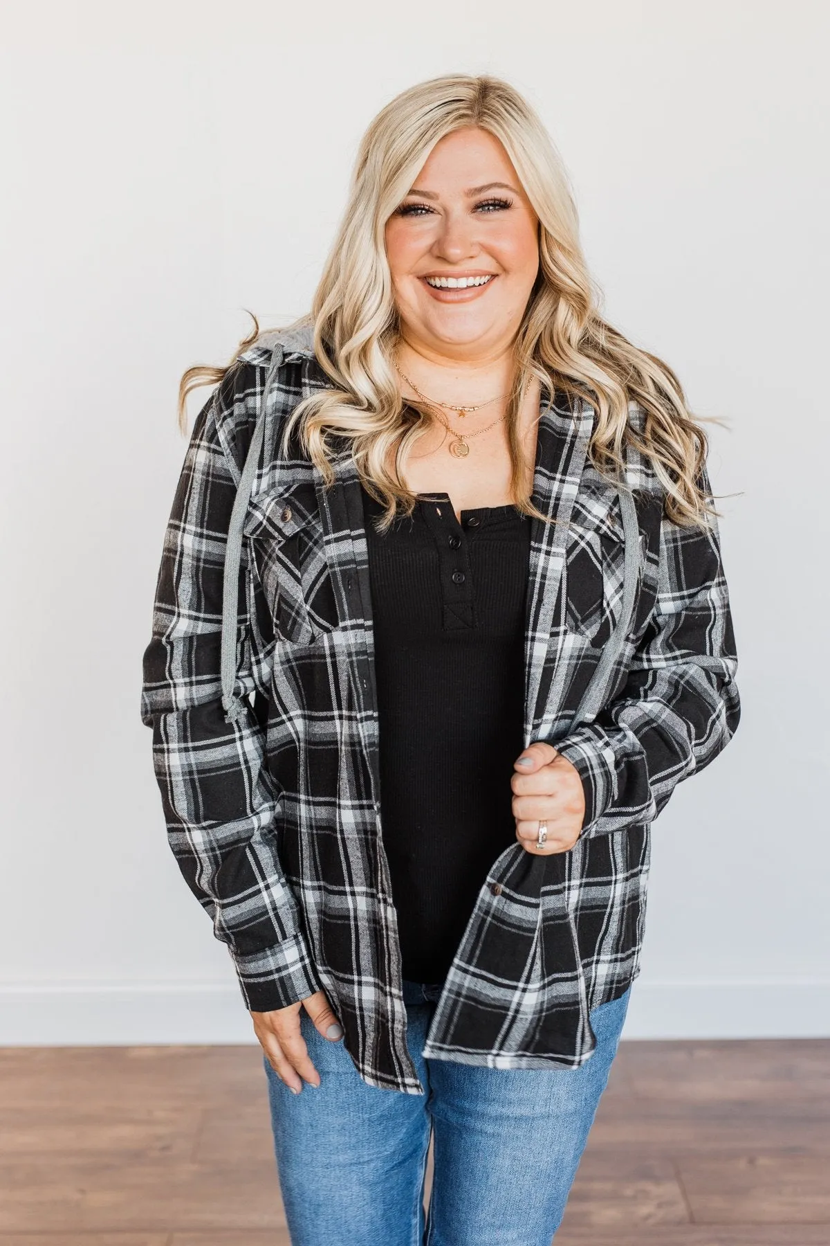 Nights By The Fire Hooded Plaid Top- Black