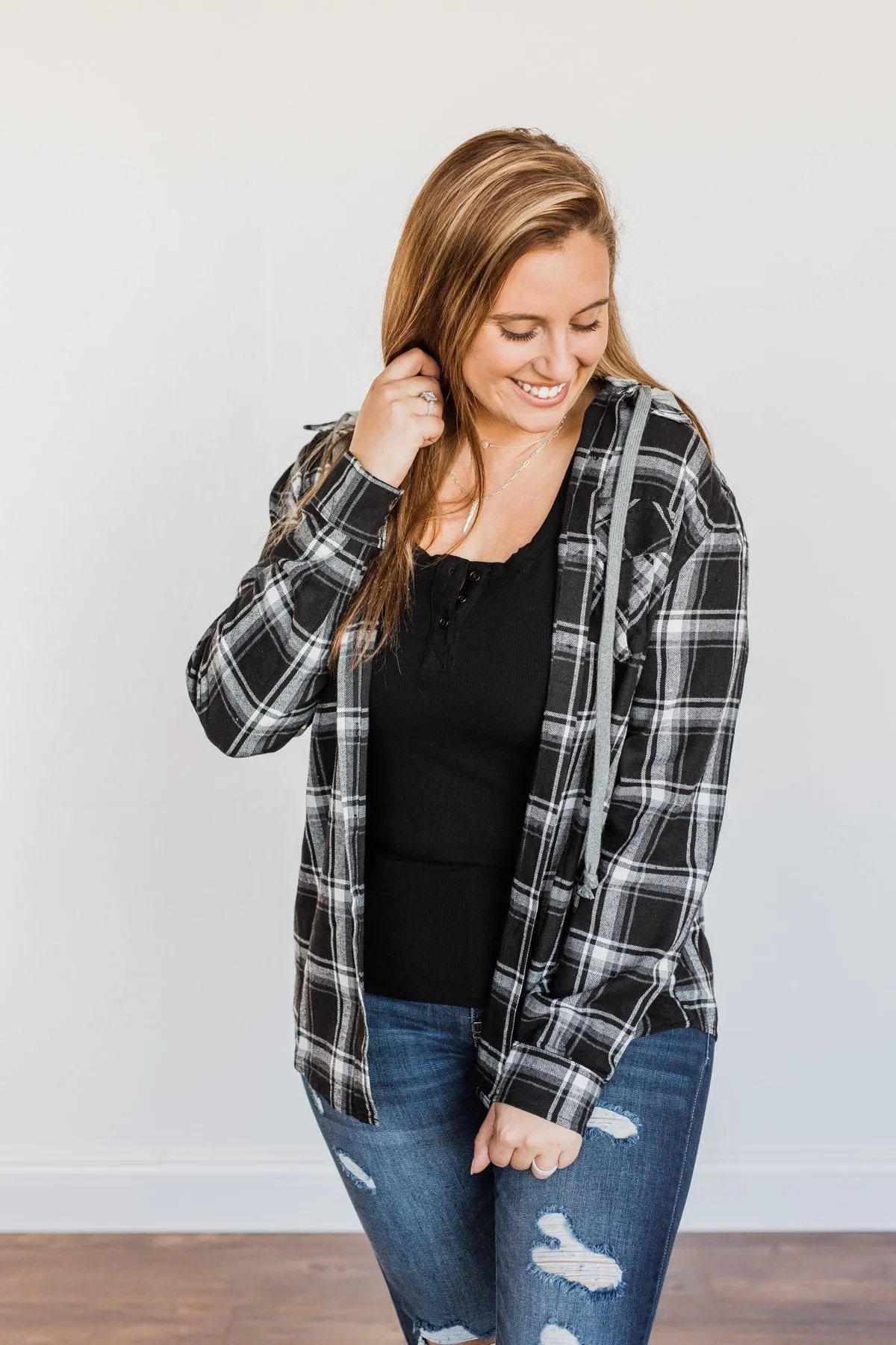 Nights By The Fire Hooded Plaid Top- Black