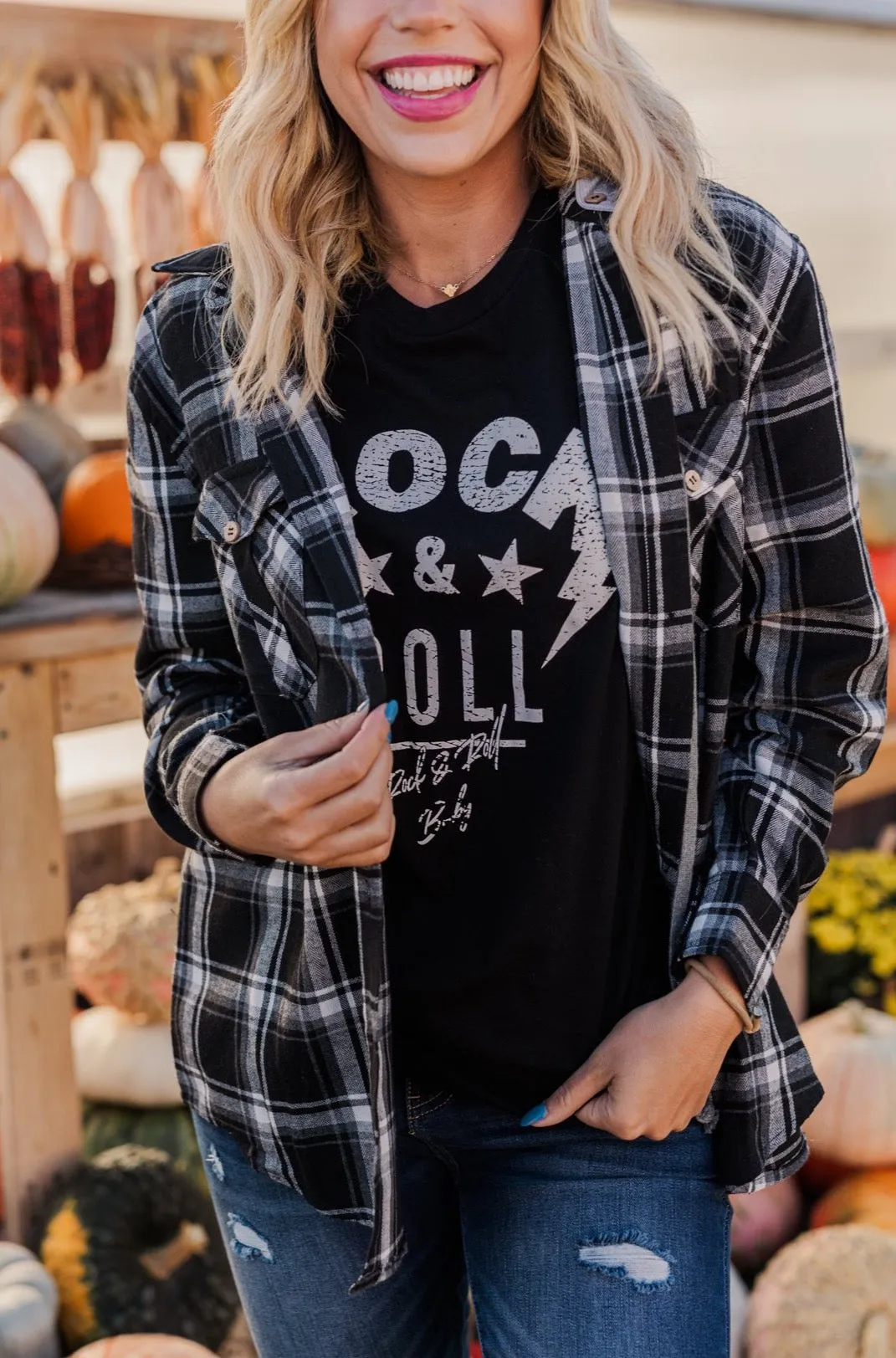 Nights By The Fire Hooded Plaid Top- Black