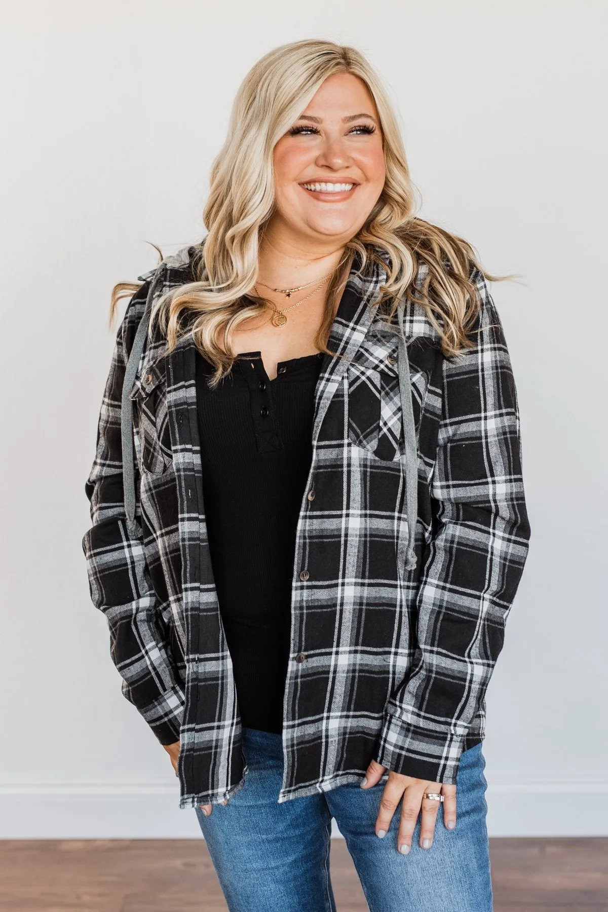 Nights By The Fire Hooded Plaid Top- Black