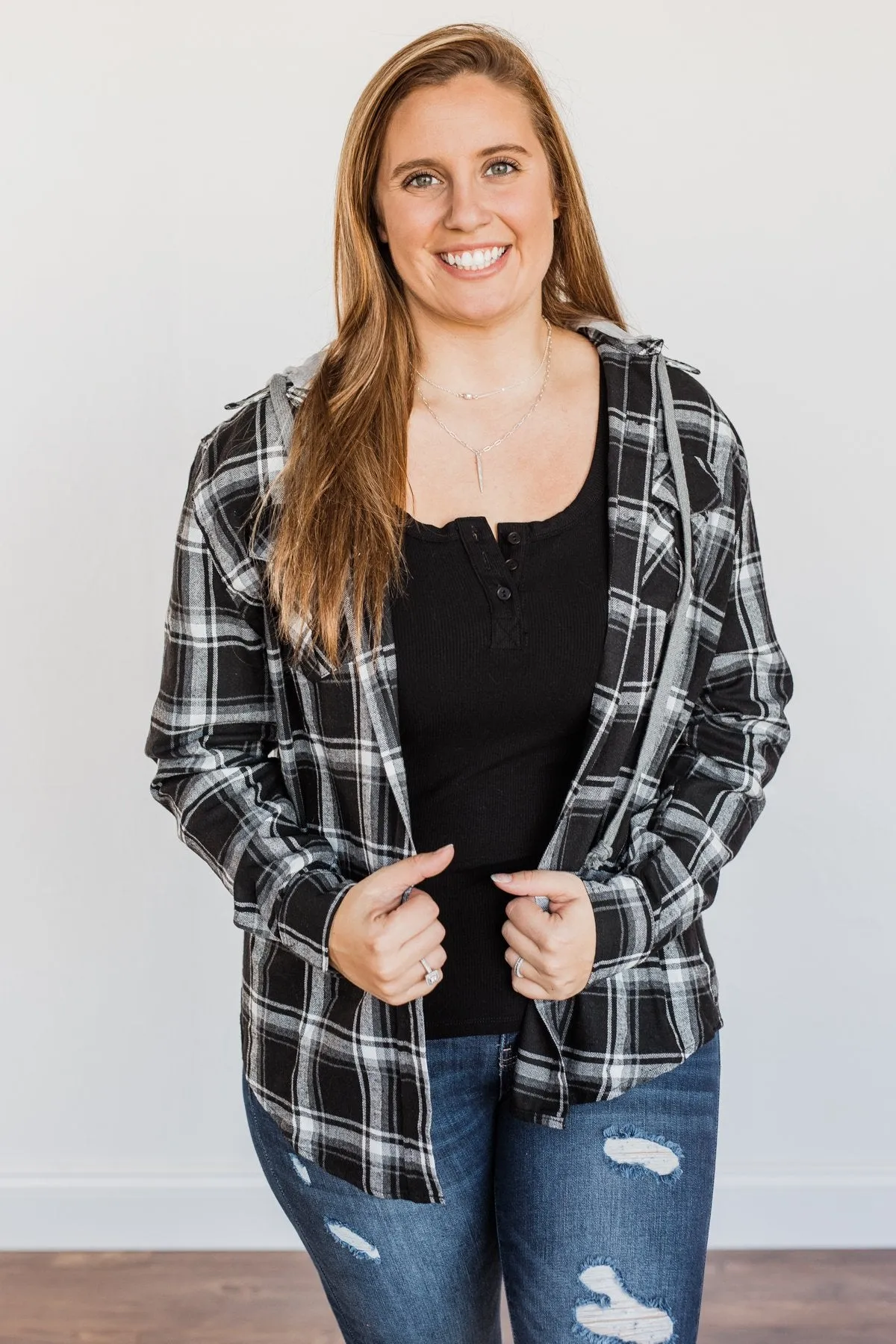 Nights By The Fire Hooded Plaid Top- Black