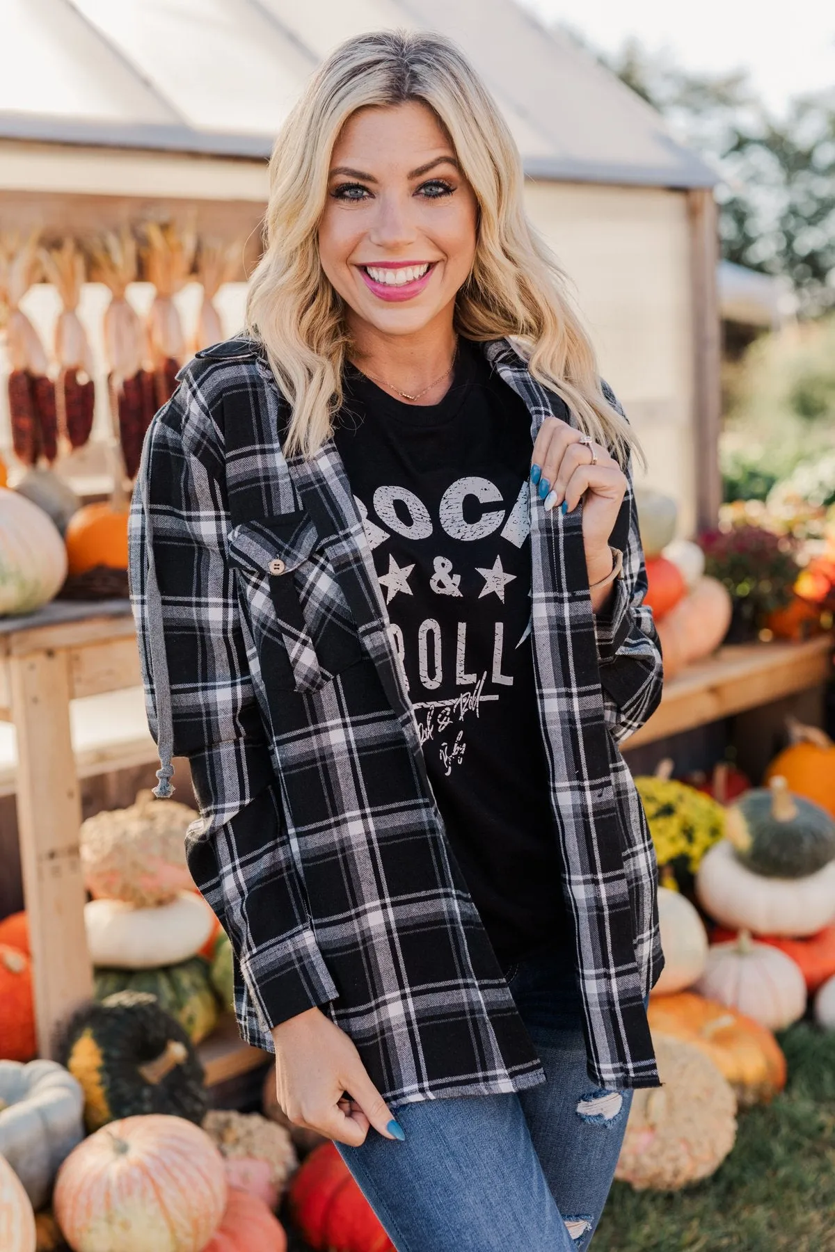 Nights By The Fire Hooded Plaid Top- Black