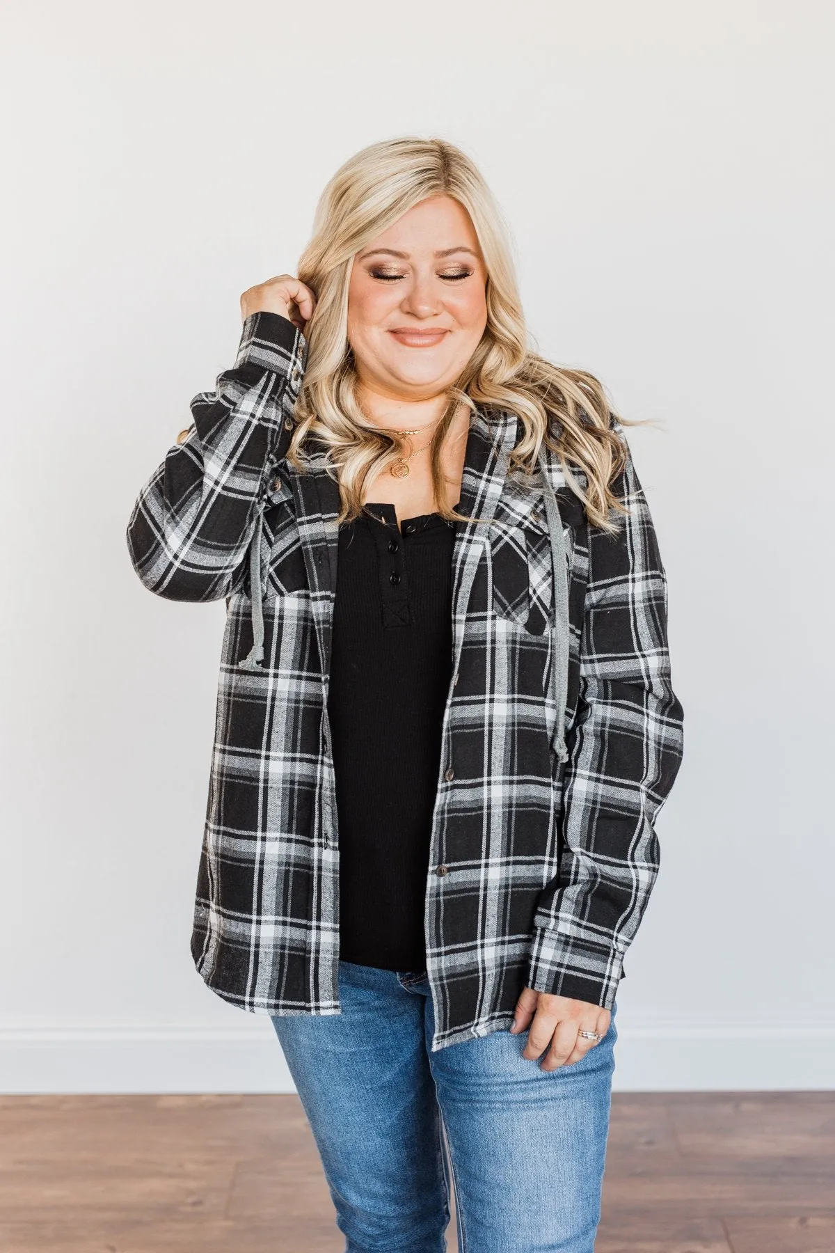 Nights By The Fire Hooded Plaid Top- Black