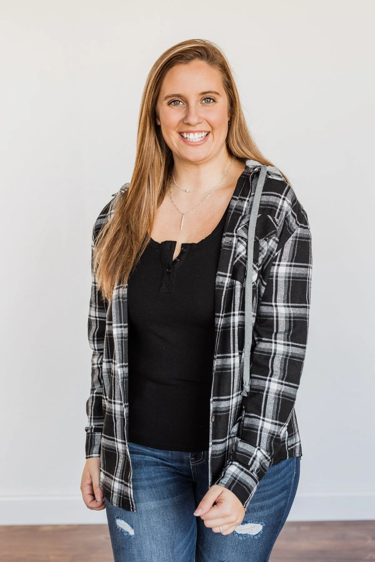 Nights By The Fire Hooded Plaid Top- Black