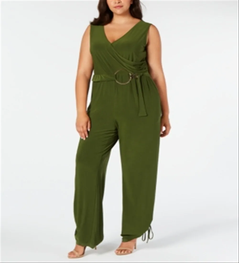 NY Collection Women's Plus Faux Wrap Belted Jumpsuit Green Size 2X