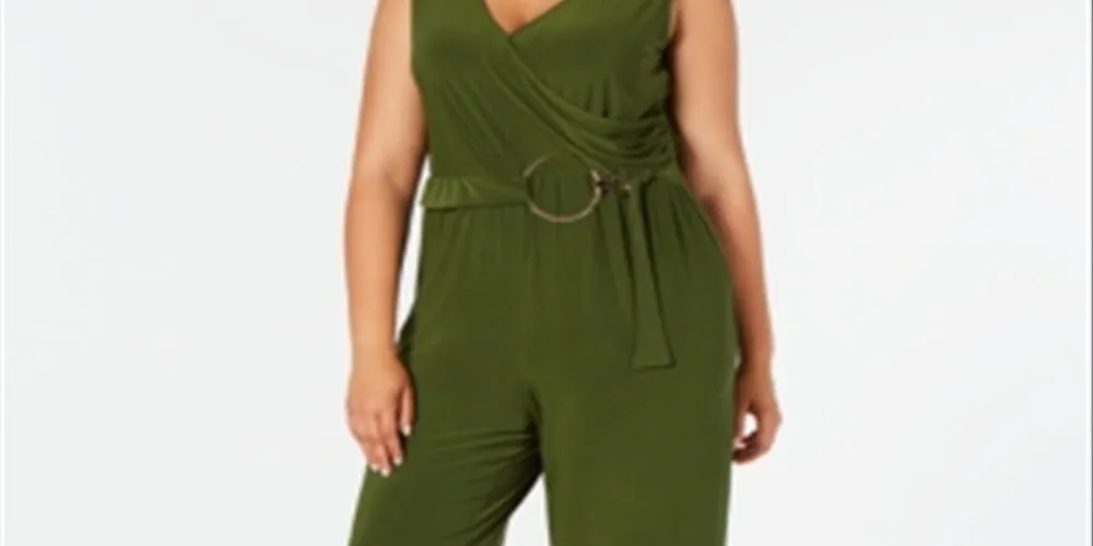 NY Collection Women's Plus Faux Wrap Belted Jumpsuit Green Size 2X