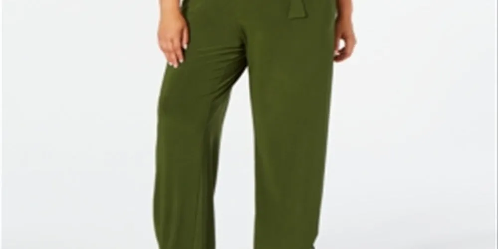 NY Collection Women's Plus Faux Wrap Belted Jumpsuit Green Size 2X