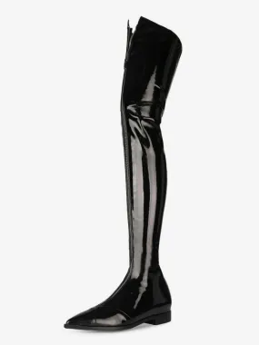 Over The Knee Boots Black Pointed Toe Bright Leather Front Zip Up Winter Boots Women Thigh High Boots