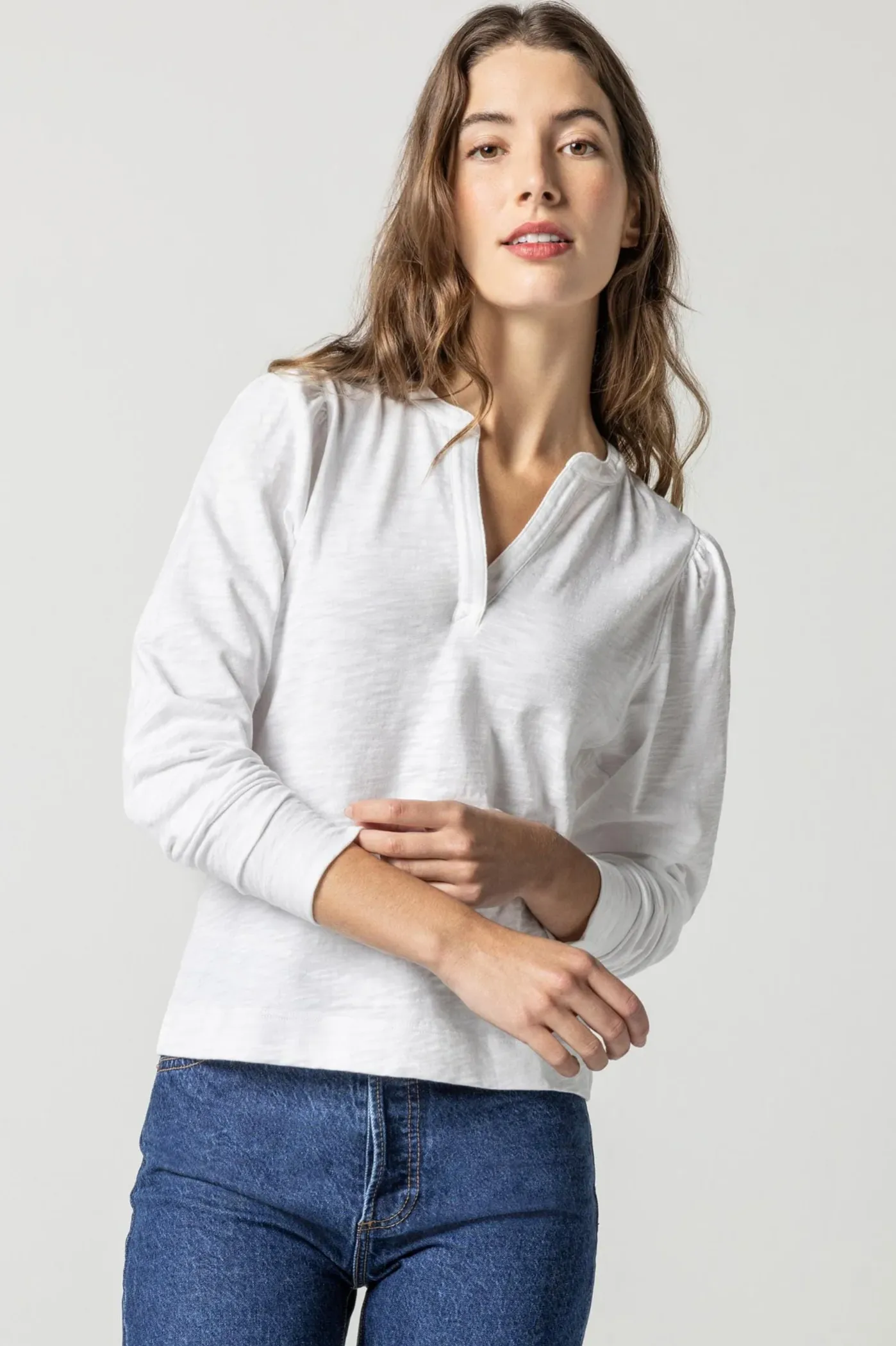 PA2310w Lilla P Shirred Long Sleeve Split Neck