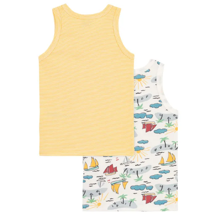 Petit Bateau Child Set Of Two Tank Tops Boat And Island Print