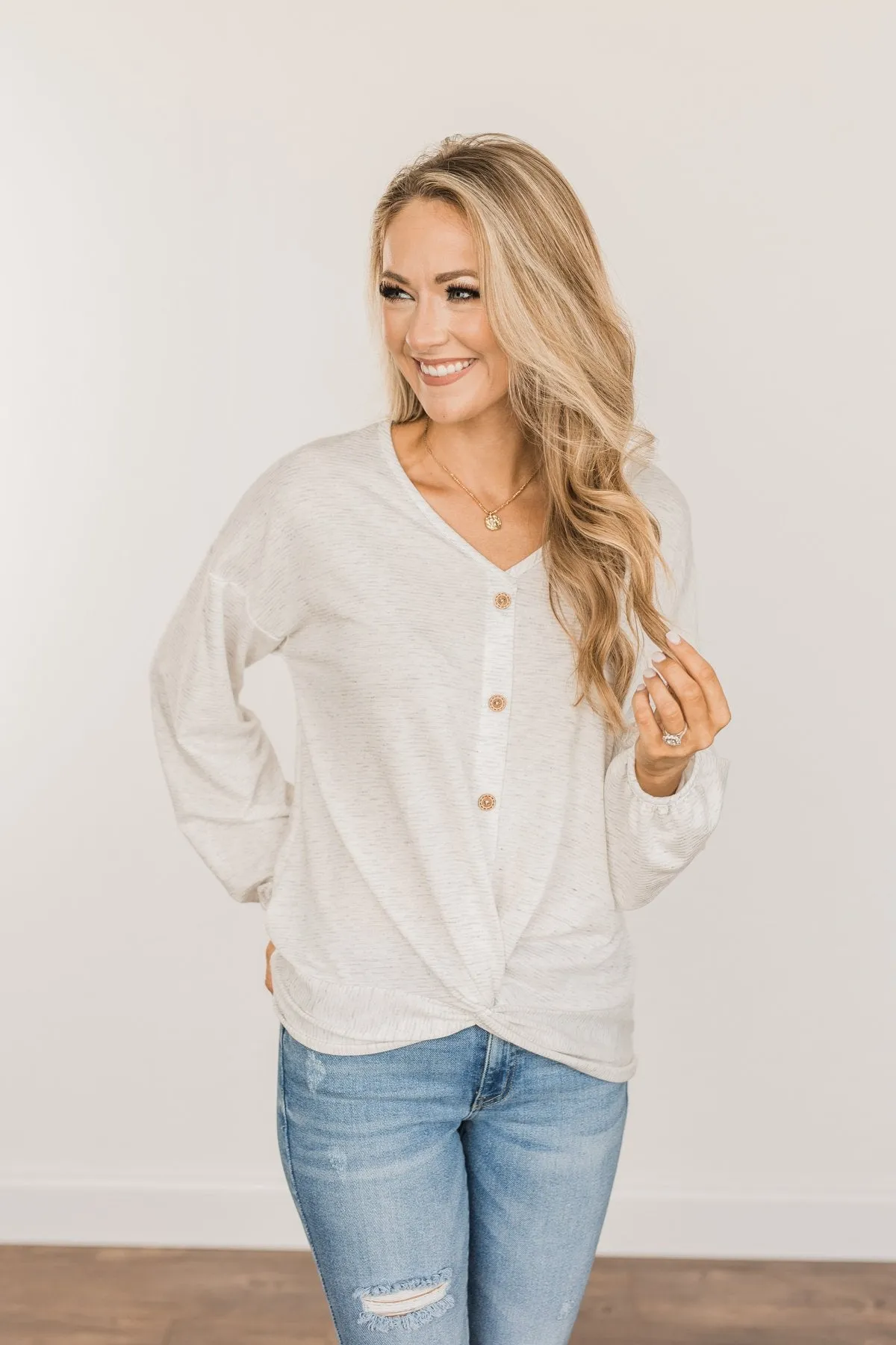 Pleasantly Perfect Twist Top- Light Heather Grey