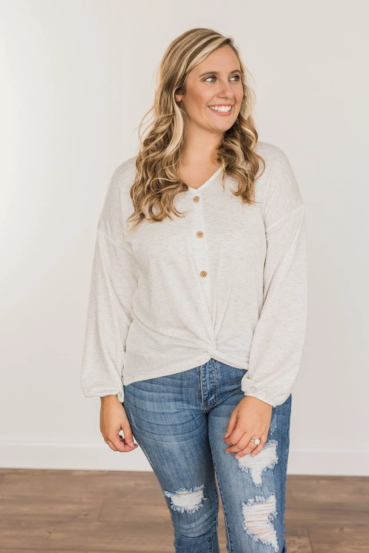 Pleasantly Perfect Twist Top- Light Heather Grey