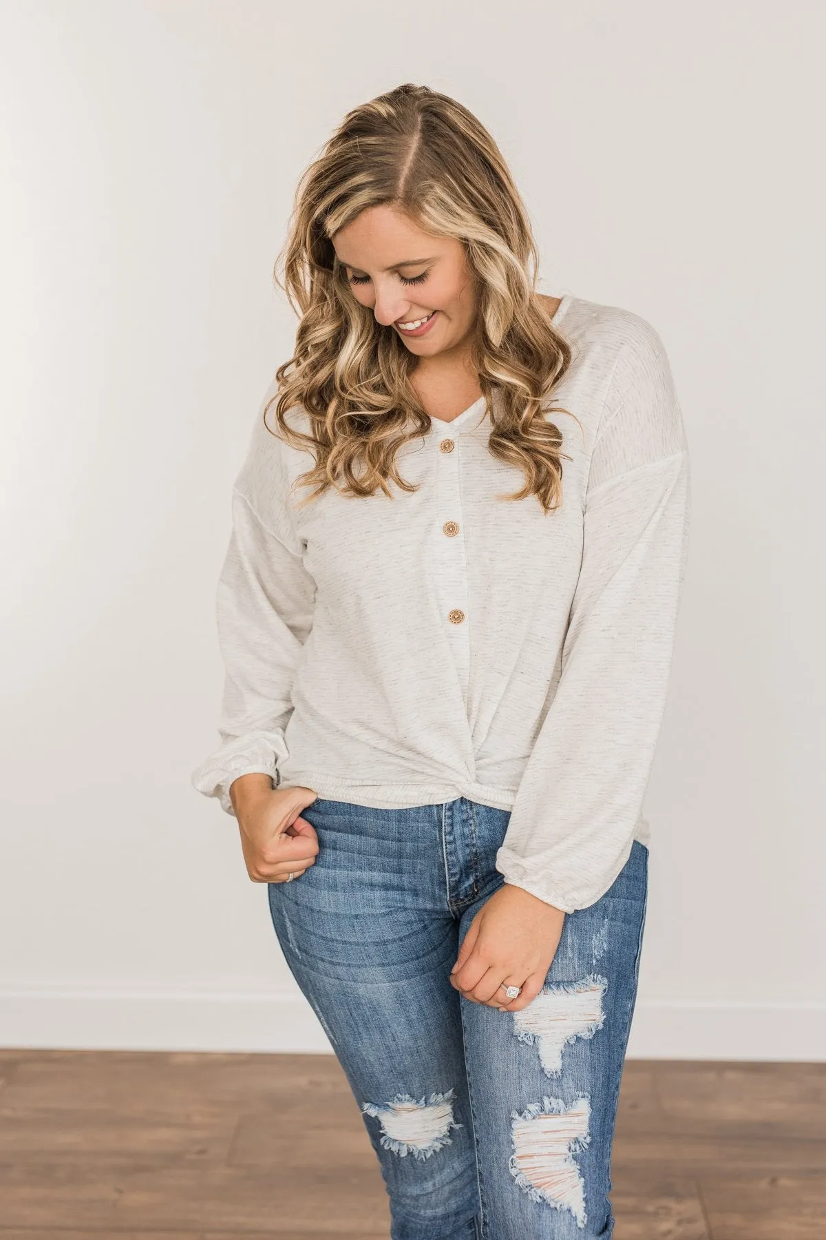 Pleasantly Perfect Twist Top- Light Heather Grey