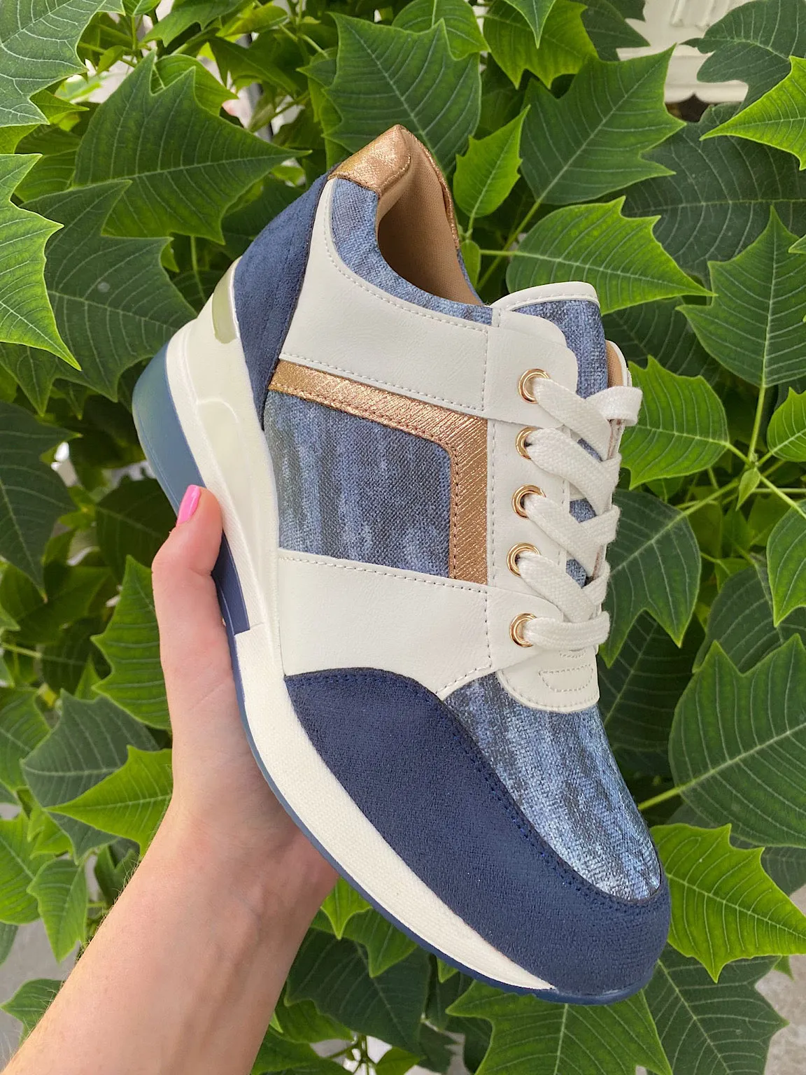 Premium Denim Effect Wedge Trainers