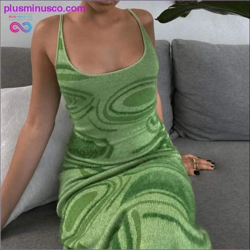 Print Knit Bodycon Dress Women Green Y2K Summer Hollow Out