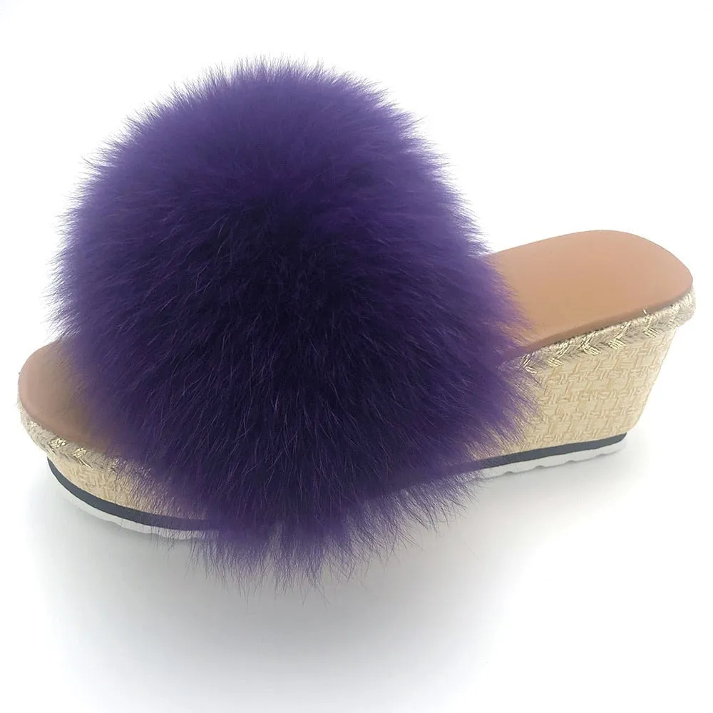 Purple Color Real Fox Fur Wedges Luxury House Slippers for Women