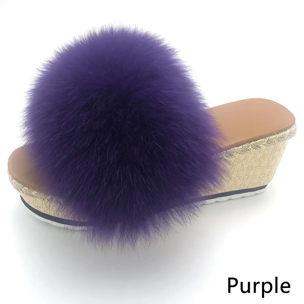 Purple Color Real Fox Fur Wedges Luxury House Slippers for Women