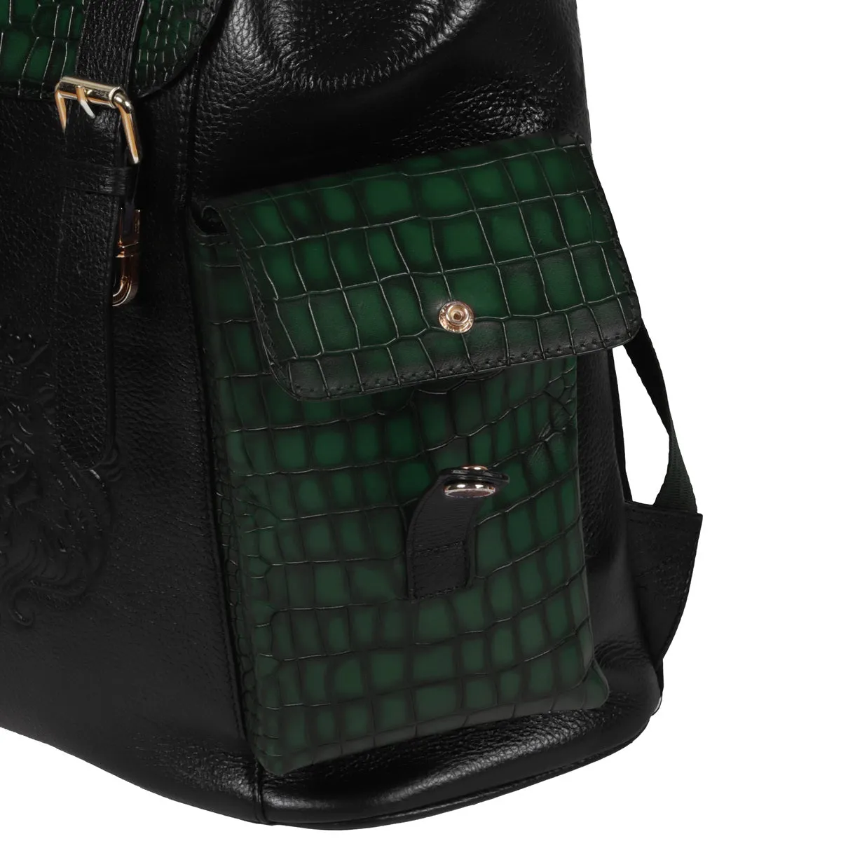 Rugsack Buckled Strap Unisex Backpack With Contrasting Black and Green Croco Textured Leather