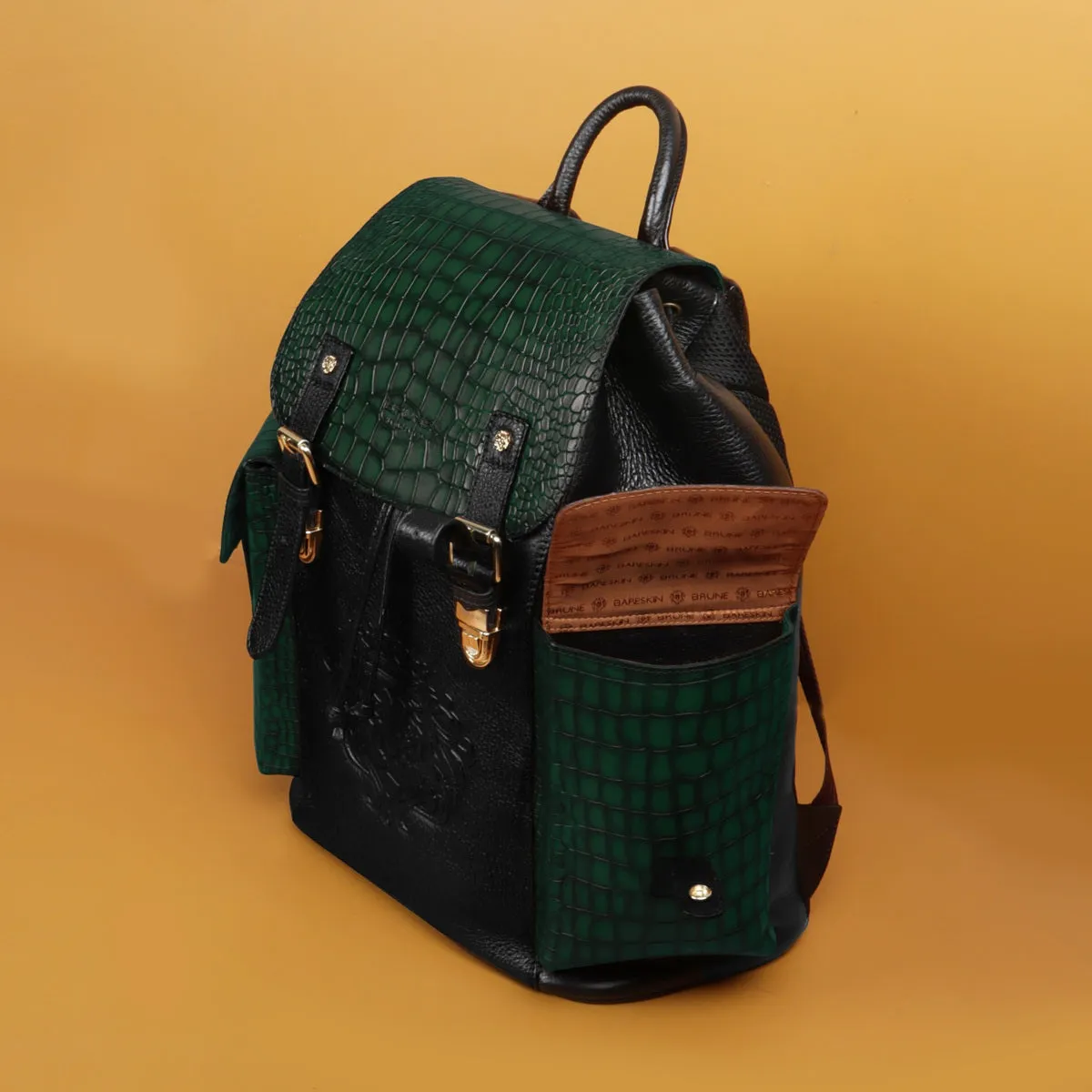 Rugsack Buckled Strap Unisex Backpack With Contrasting Black and Green Croco Textured Leather