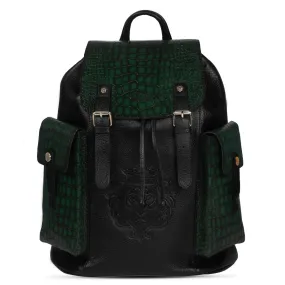 Rugsack Buckled Strap Unisex Backpack With Contrasting Black and Green Croco Textured Leather