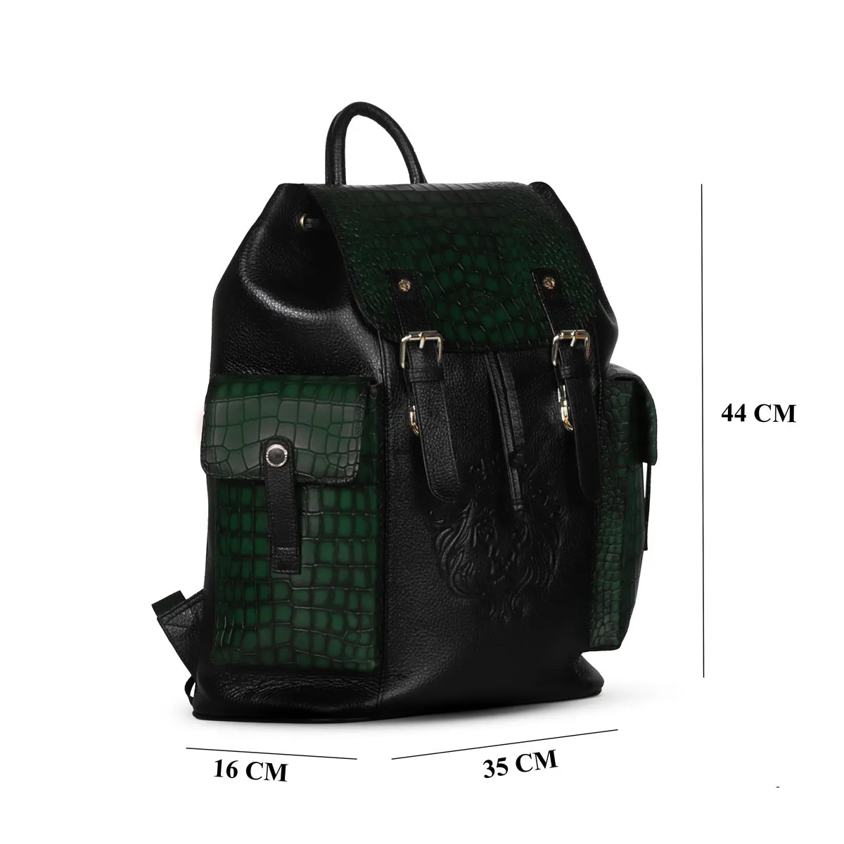 Rugsack Buckled Strap Unisex Backpack With Contrasting Black and Green Croco Textured Leather