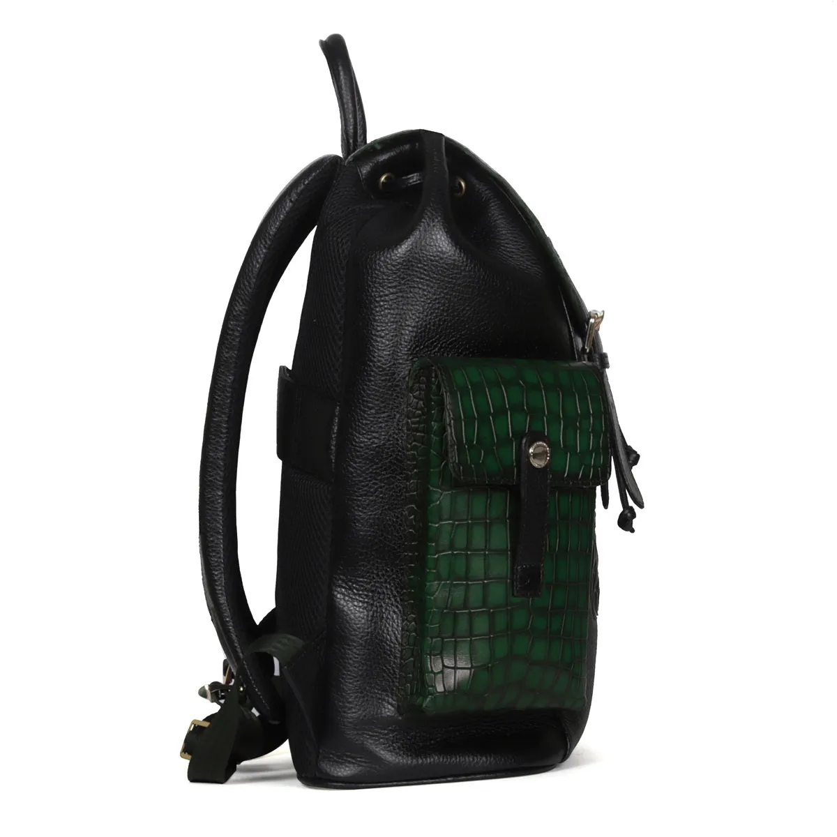 Rugsack Buckled Strap Unisex Backpack With Contrasting Black and Green Croco Textured Leather