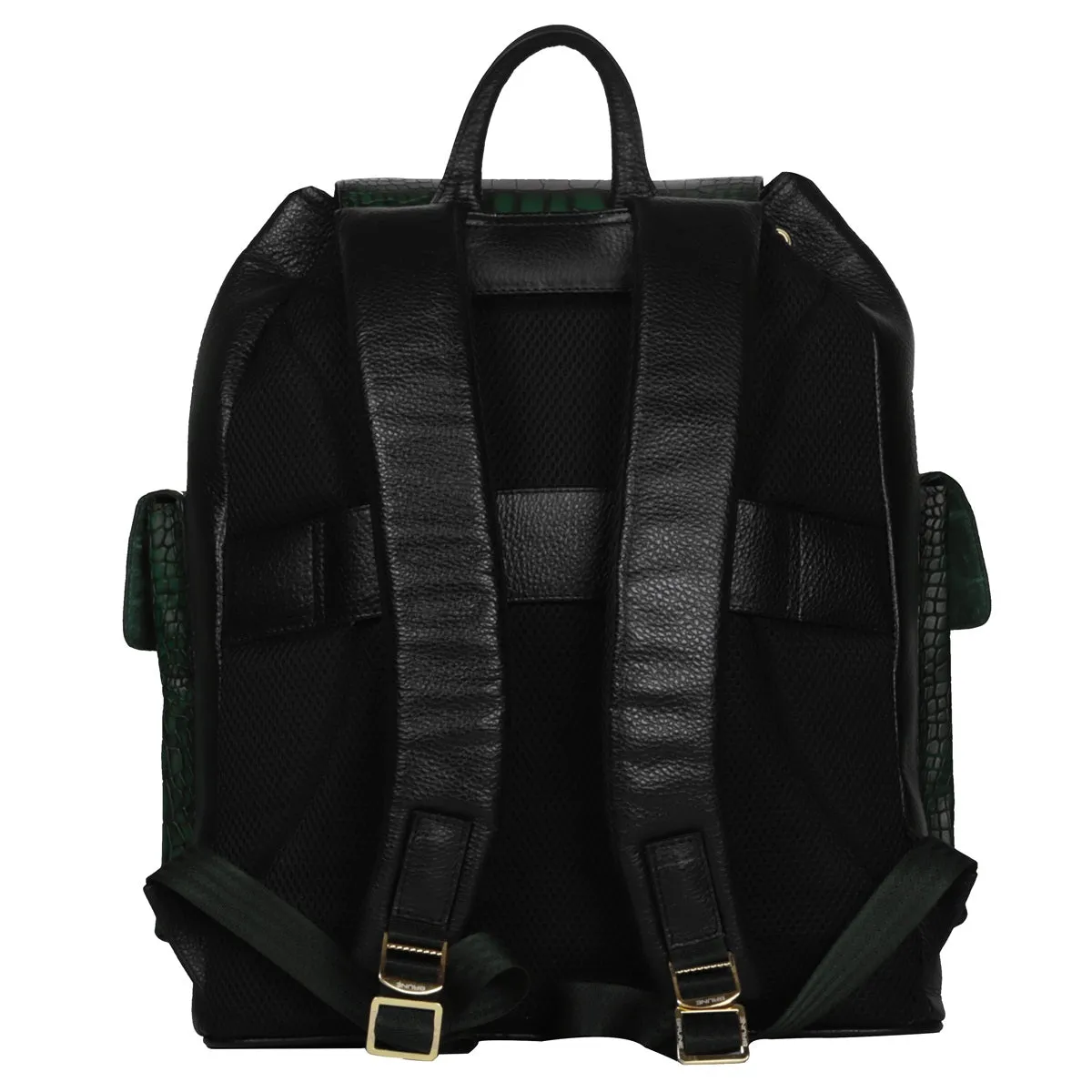 Rugsack Buckled Strap Unisex Backpack With Contrasting Black and Green Croco Textured Leather