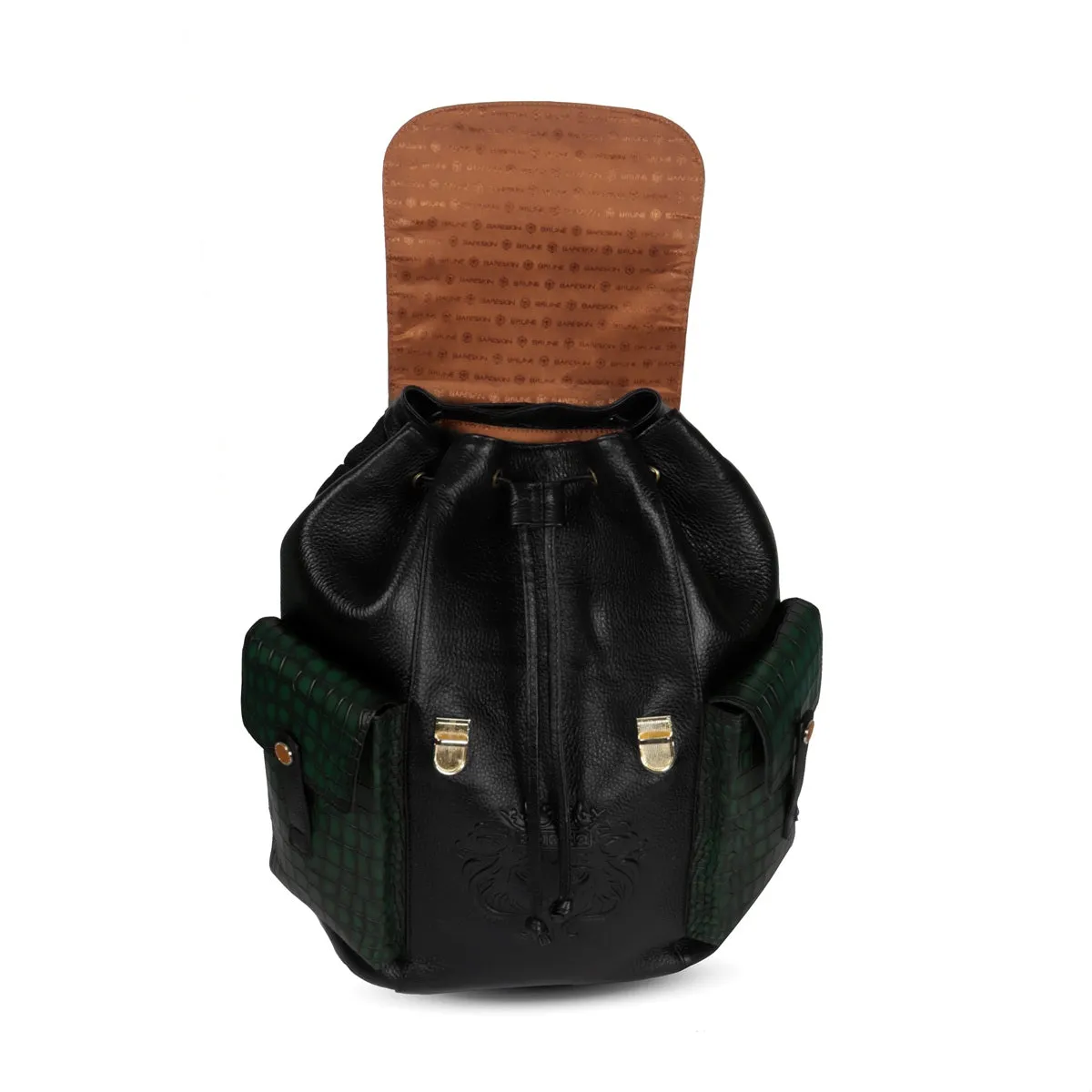 Rugsack Buckled Strap Unisex Backpack With Contrasting Black and Green Croco Textured Leather