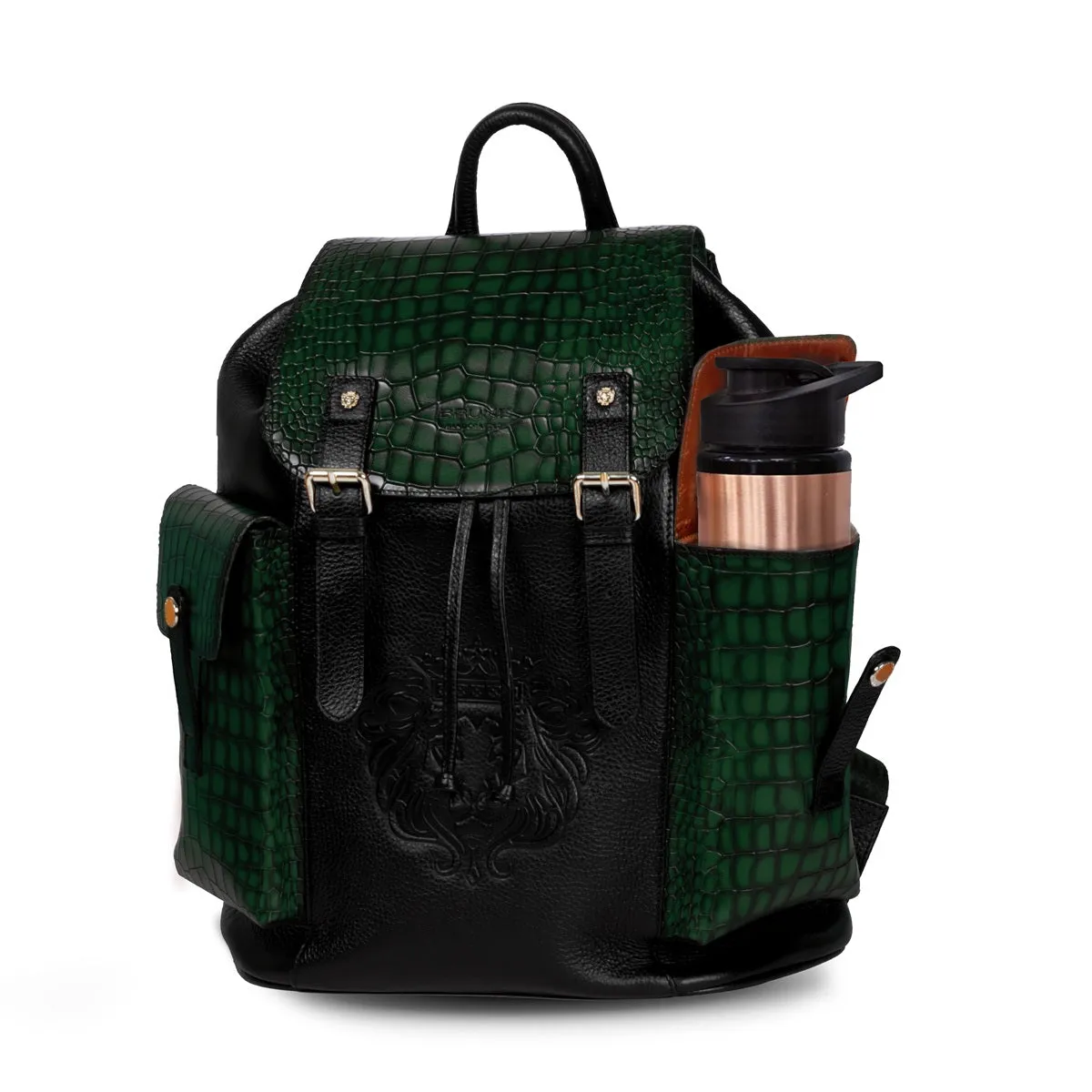 Rugsack Buckled Strap Unisex Backpack With Contrasting Black and Green Croco Textured Leather