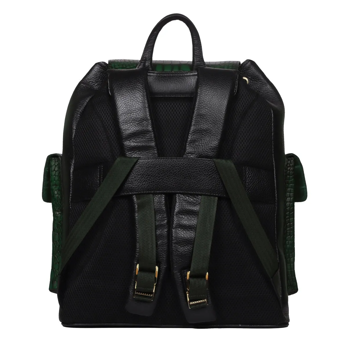 Rugsack Buckled Strap Unisex Backpack With Contrasting Black and Green Croco Textured Leather