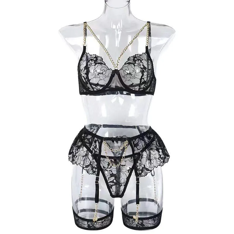 Sexy Chain Gothic Transparent Lace Underwear Set