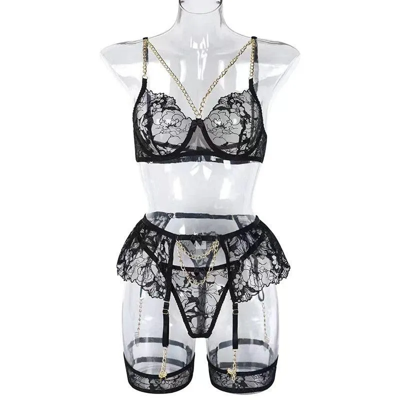 Sexy Chain Gothic Transparent Lace Underwear Set