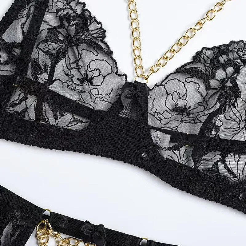 Sexy Chain Gothic Transparent Lace Underwear Set