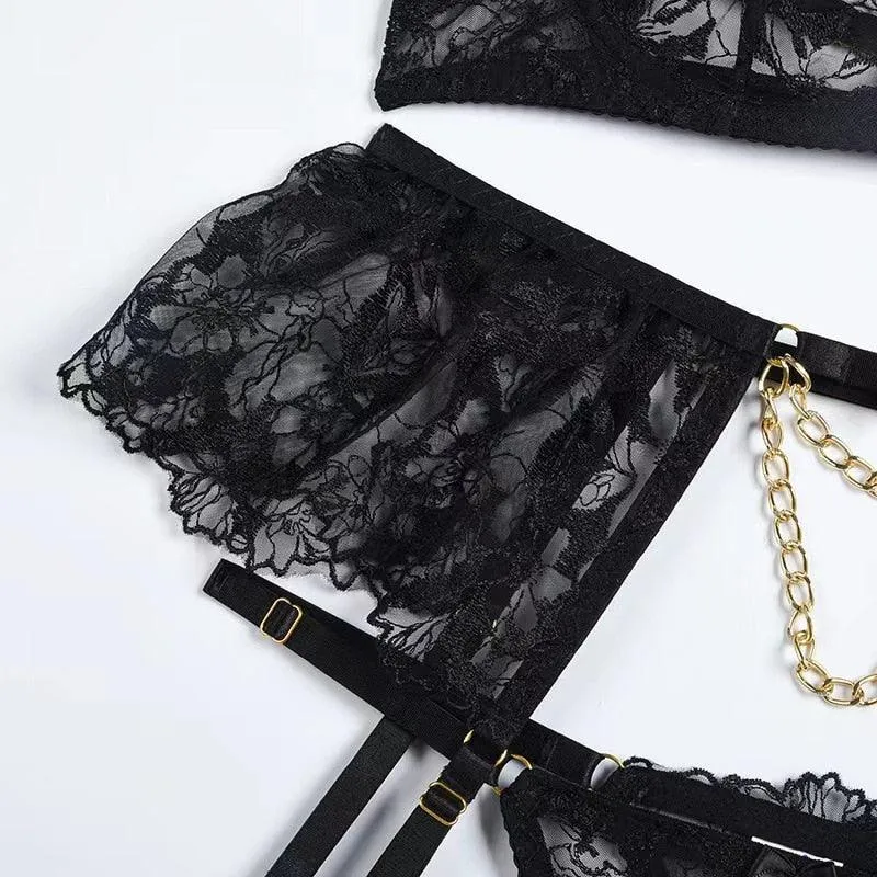 Sexy Chain Gothic Transparent Lace Underwear Set