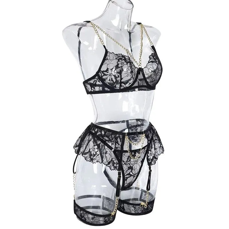 Sexy Chain Gothic Transparent Lace Underwear Set