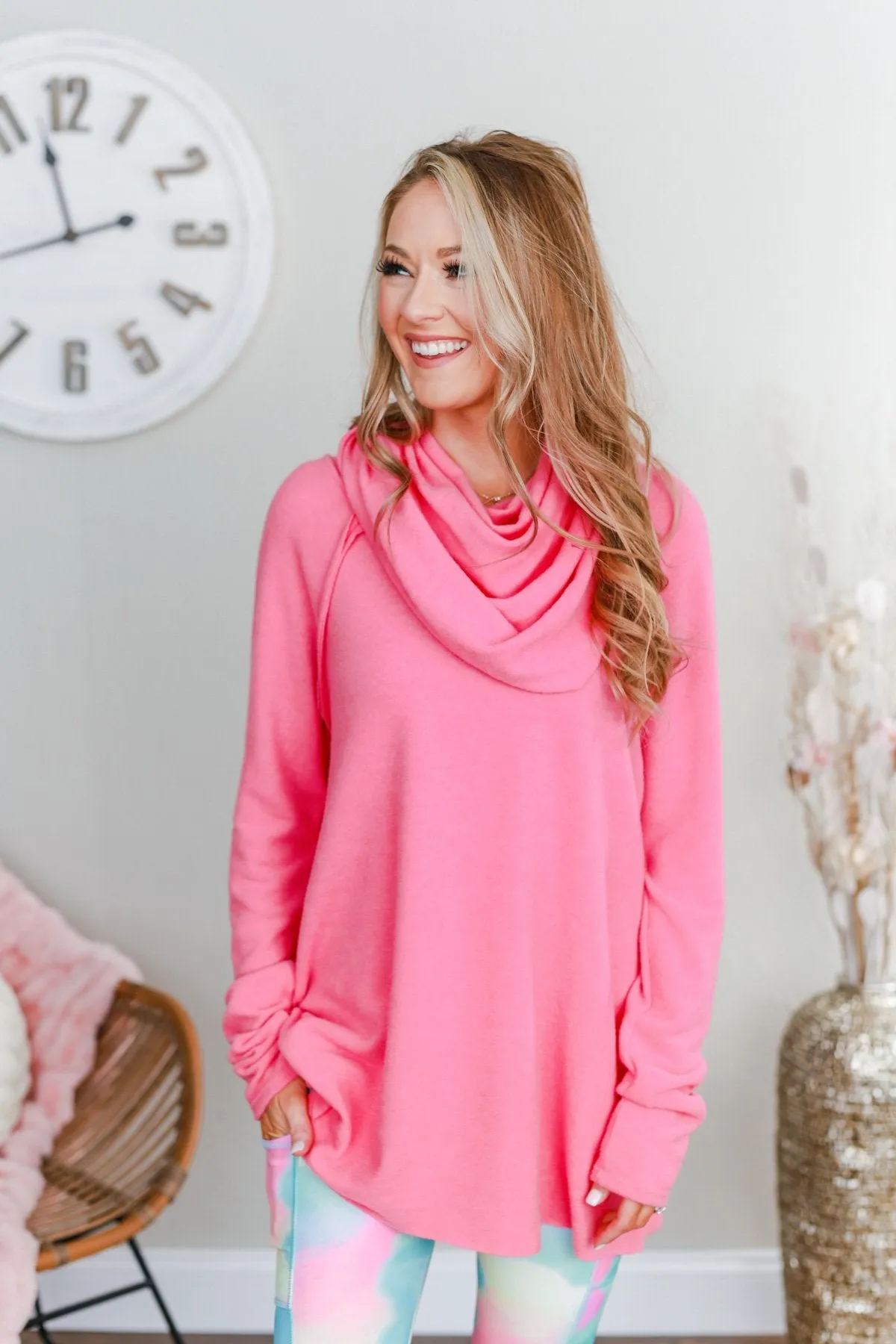 Shine Your Smile Cowl Neck Top- Bubblegum Pink