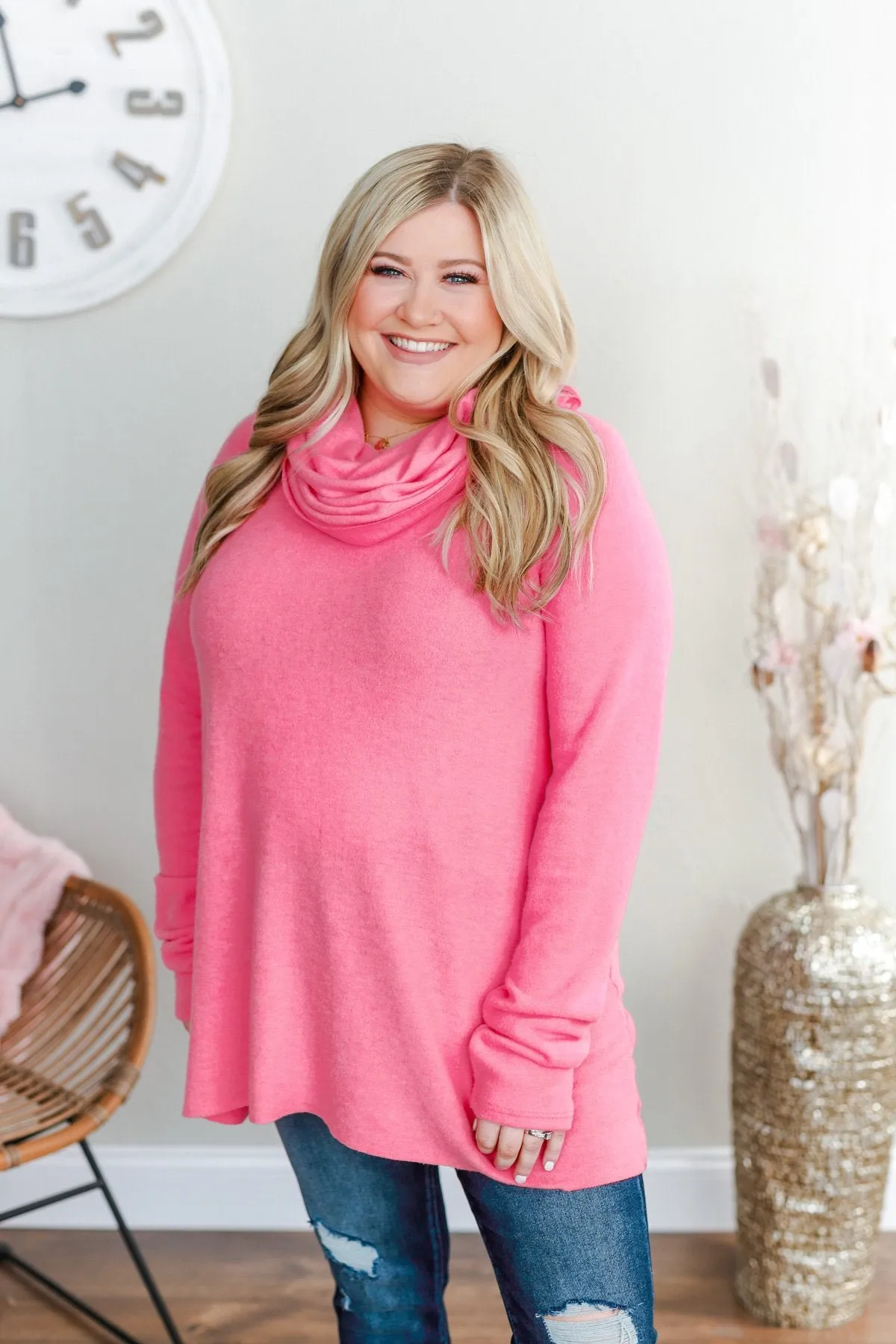 Shine Your Smile Cowl Neck Top- Bubblegum Pink