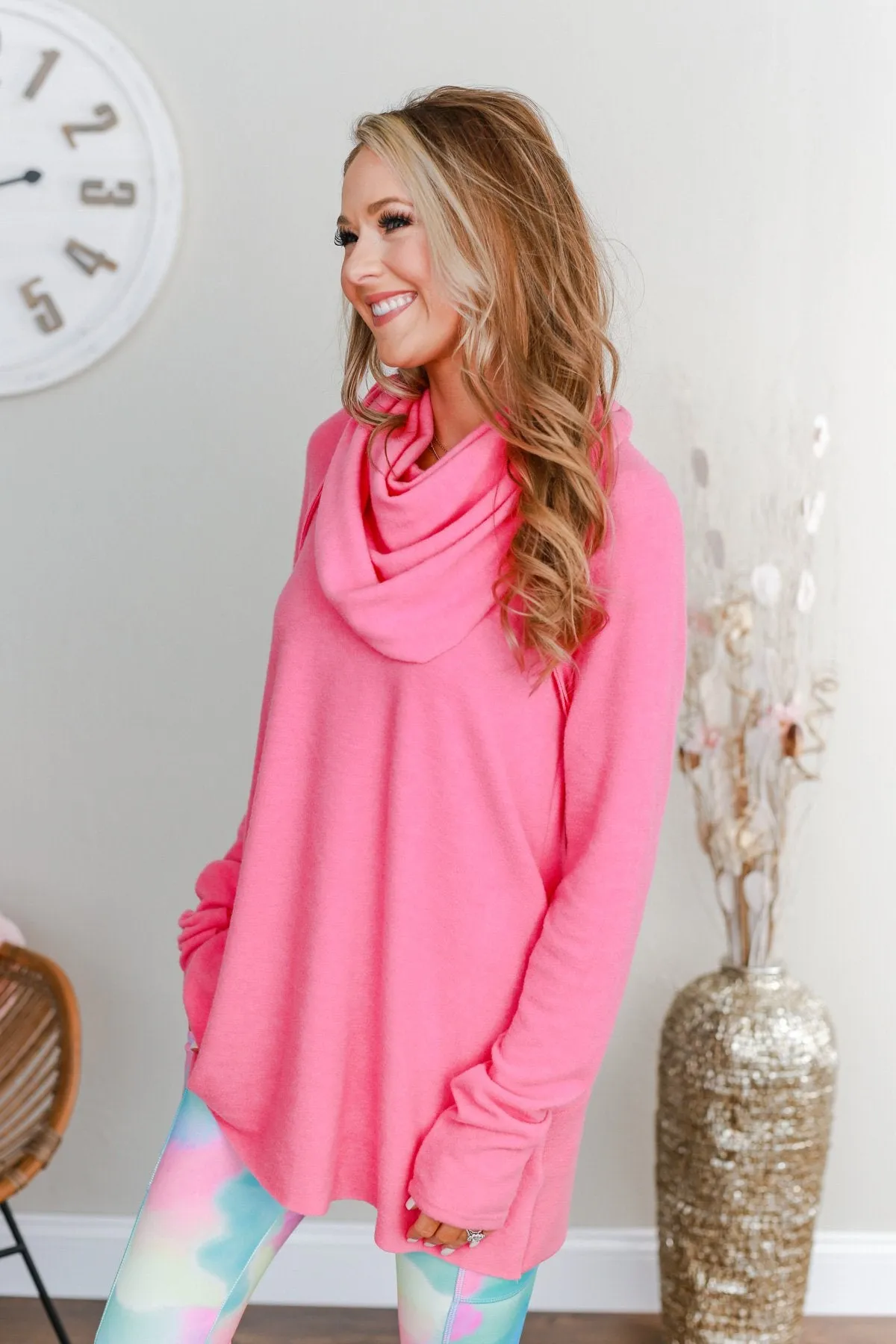 Shine Your Smile Cowl Neck Top- Bubblegum Pink