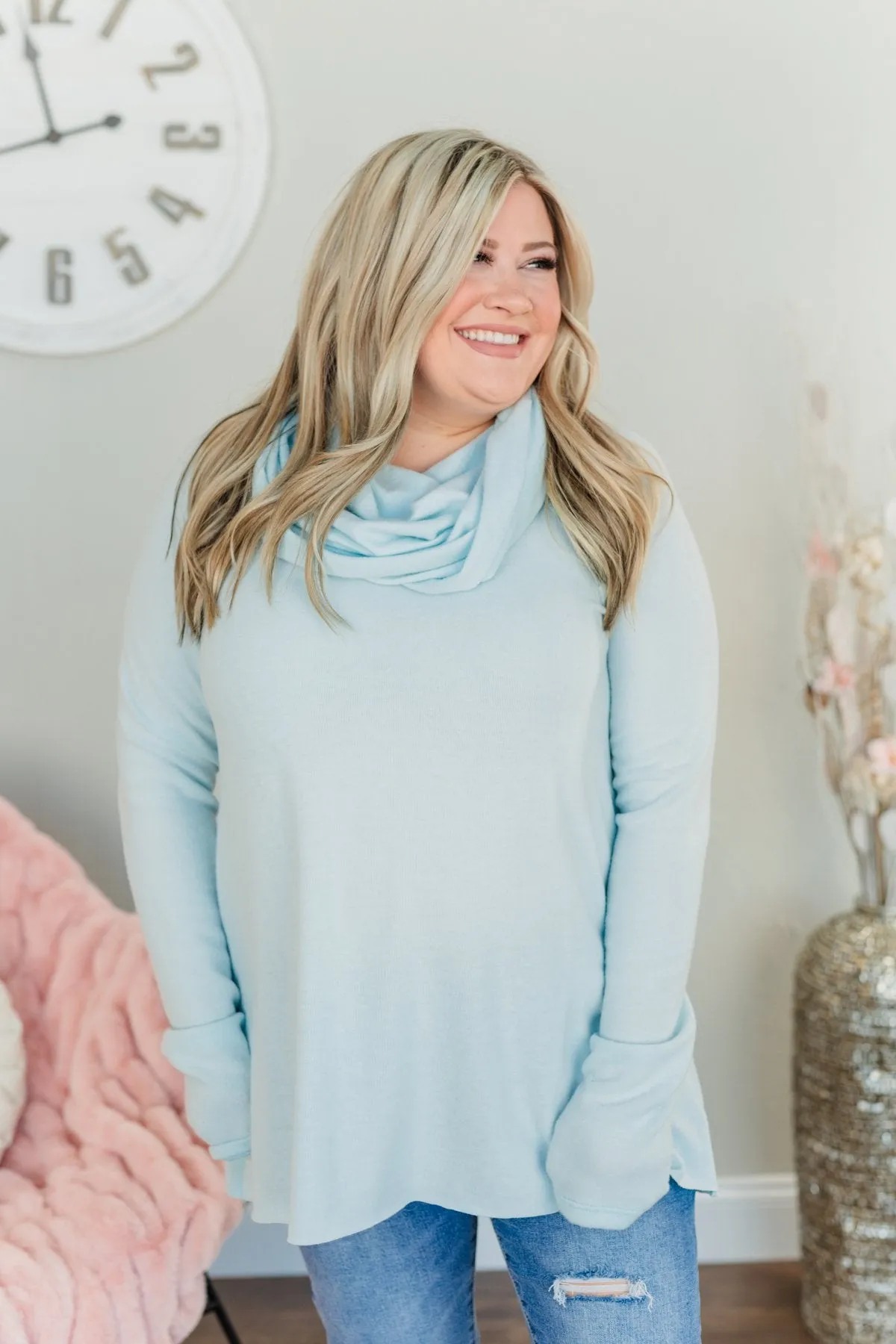 Shine Your Smile Cowl Neck Top- Light Blue