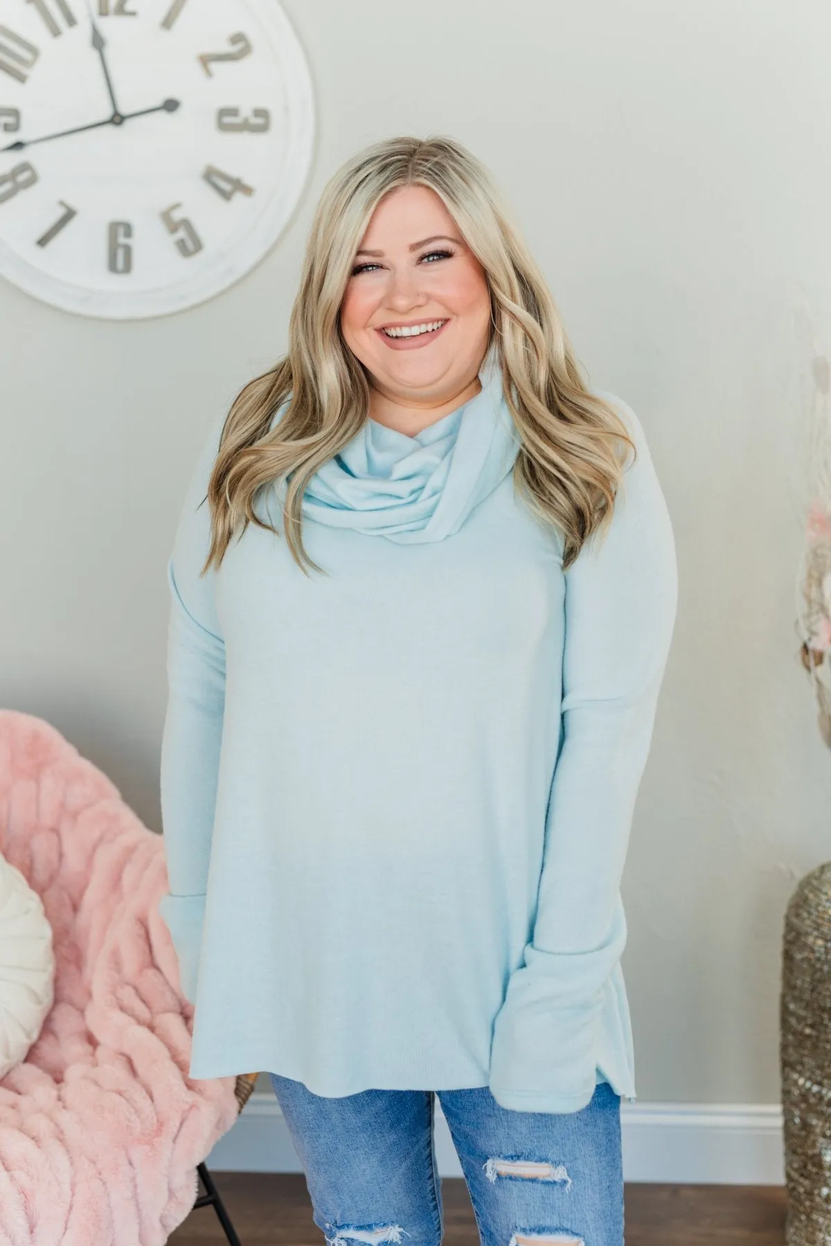 Shine Your Smile Cowl Neck Top- Light Blue