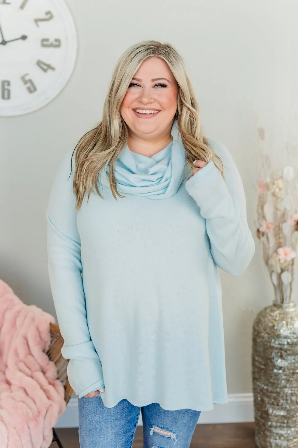 Shine Your Smile Cowl Neck Top- Light Blue