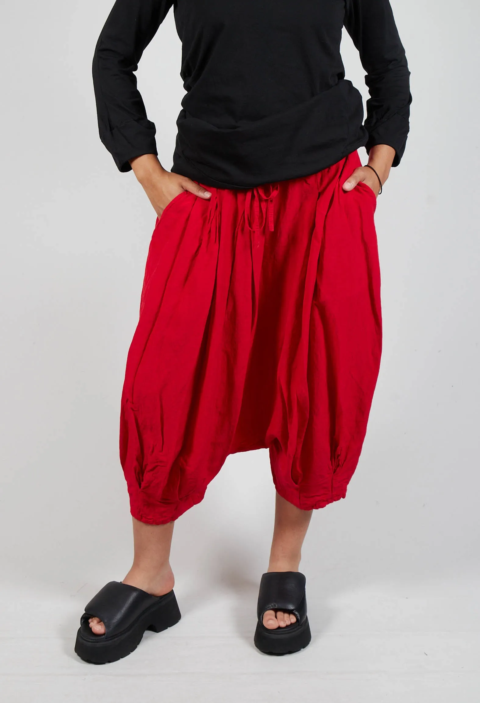 Short Cropped Drop Crotch Trousers in Red