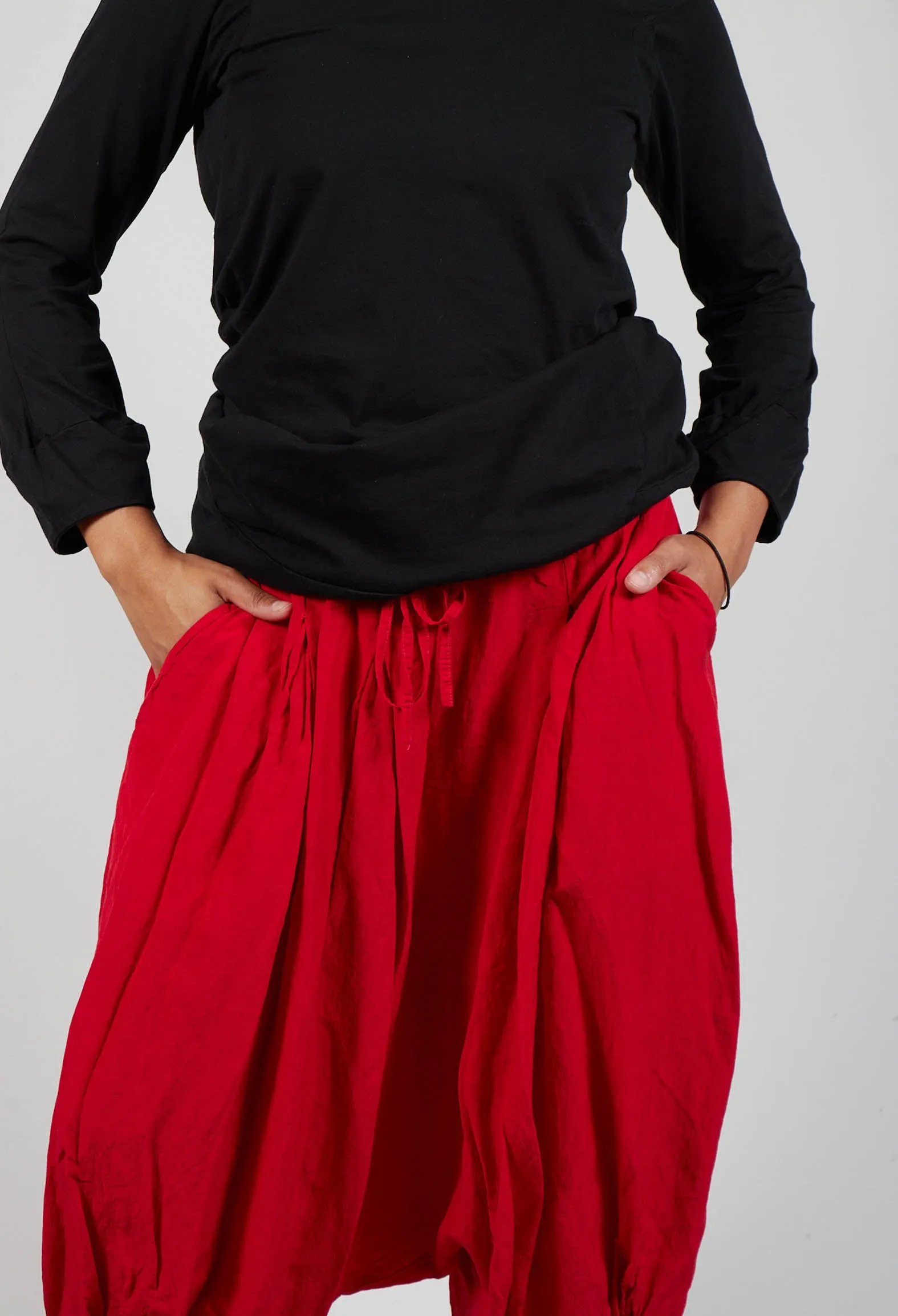 Short Cropped Drop Crotch Trousers in Red