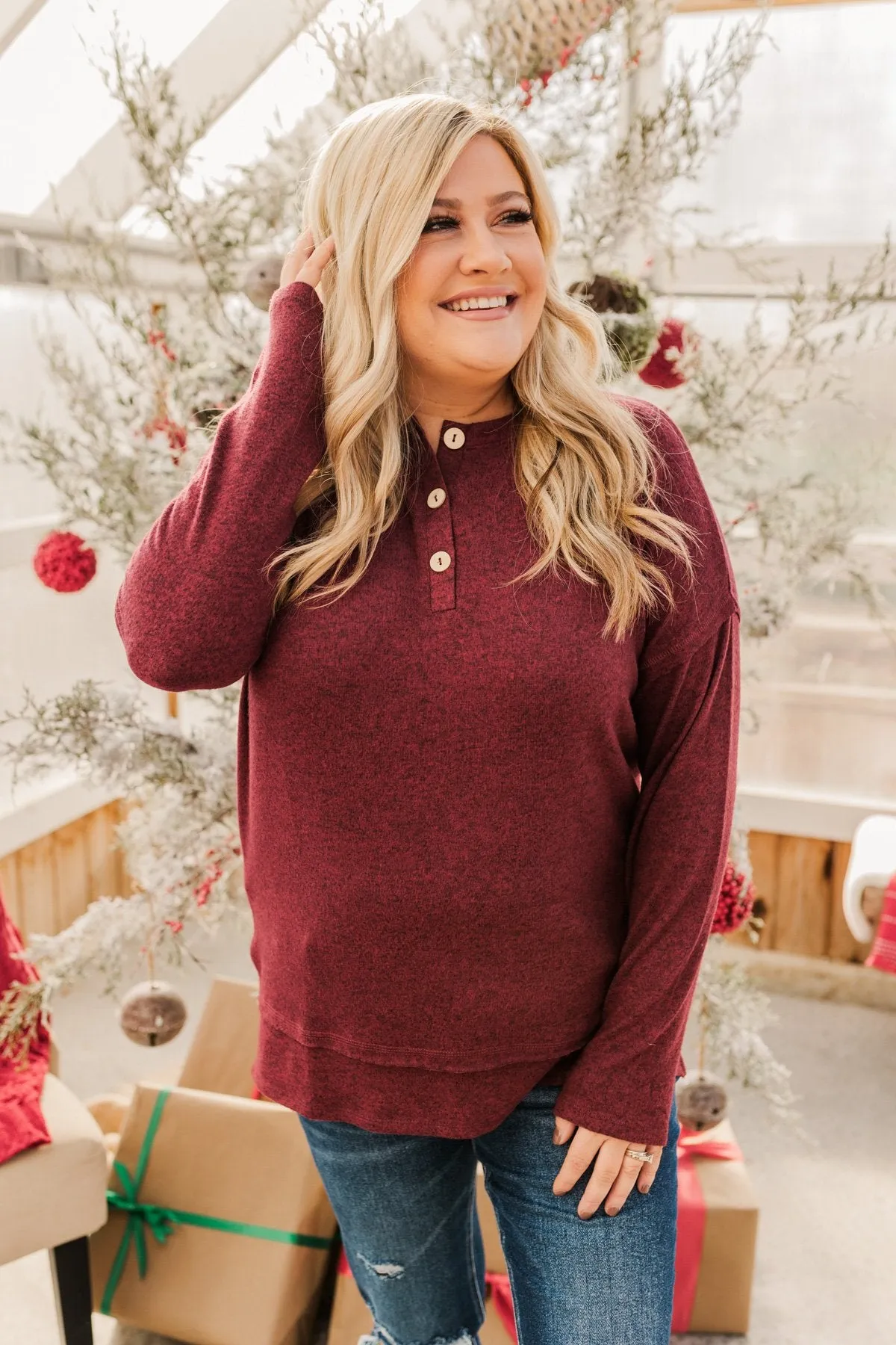 Soft Gazes Button Long Sleeve Top- Burgundy