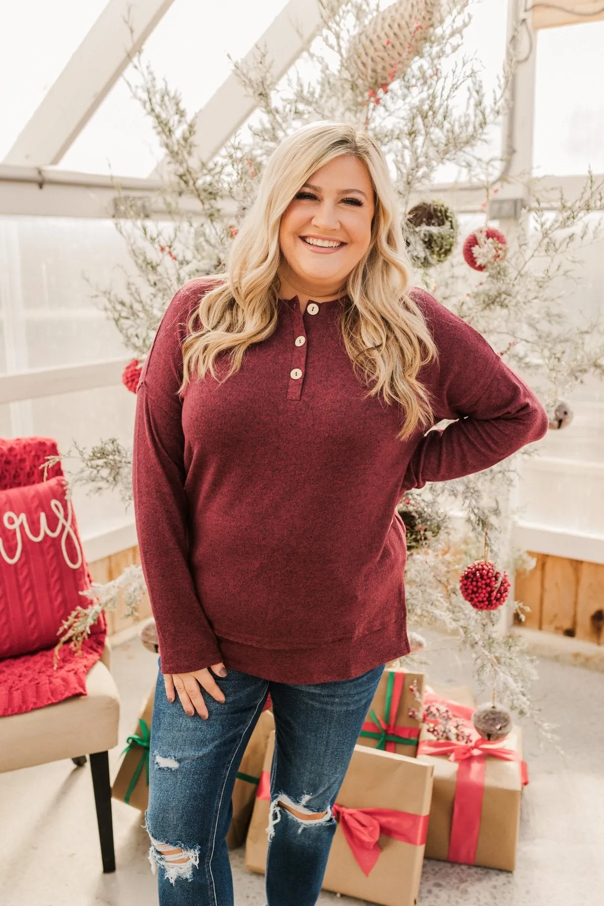 Soft Gazes Button Long Sleeve Top- Burgundy