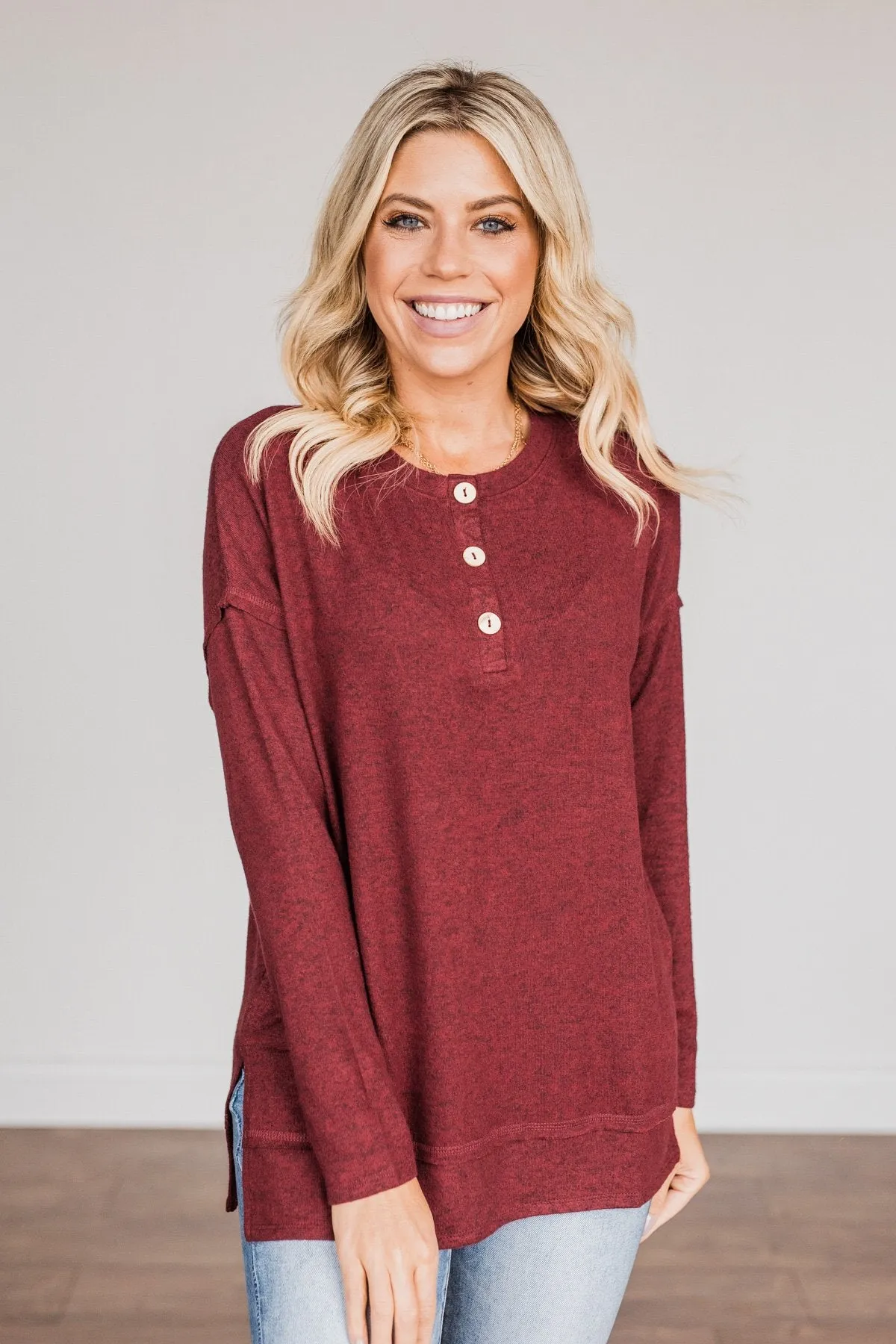 Soft Gazes Button Long Sleeve Top- Burgundy