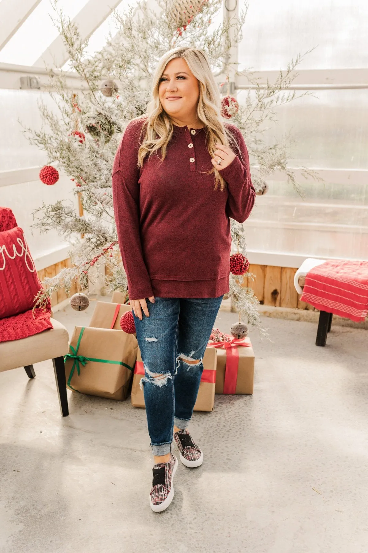 Soft Gazes Button Long Sleeve Top- Burgundy