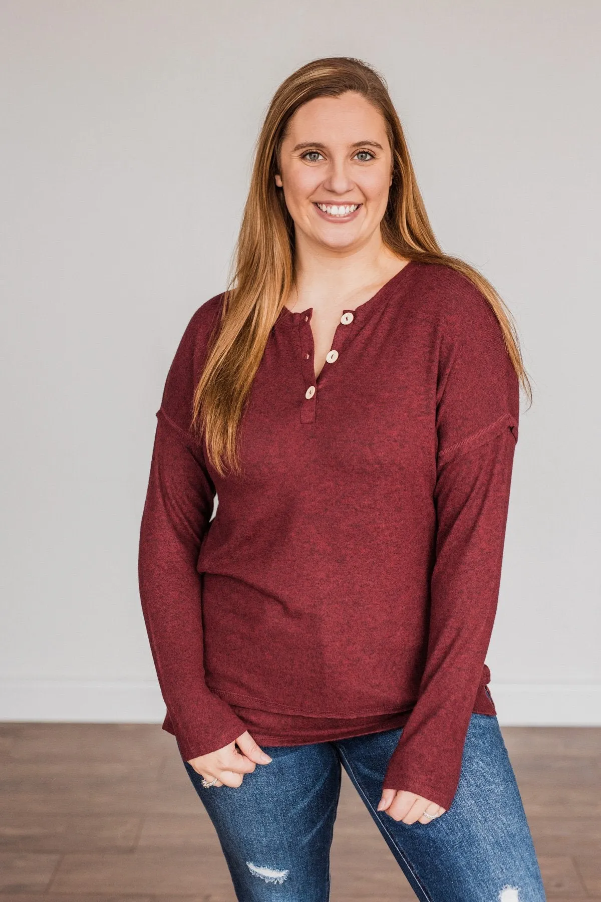 Soft Gazes Button Long Sleeve Top- Burgundy